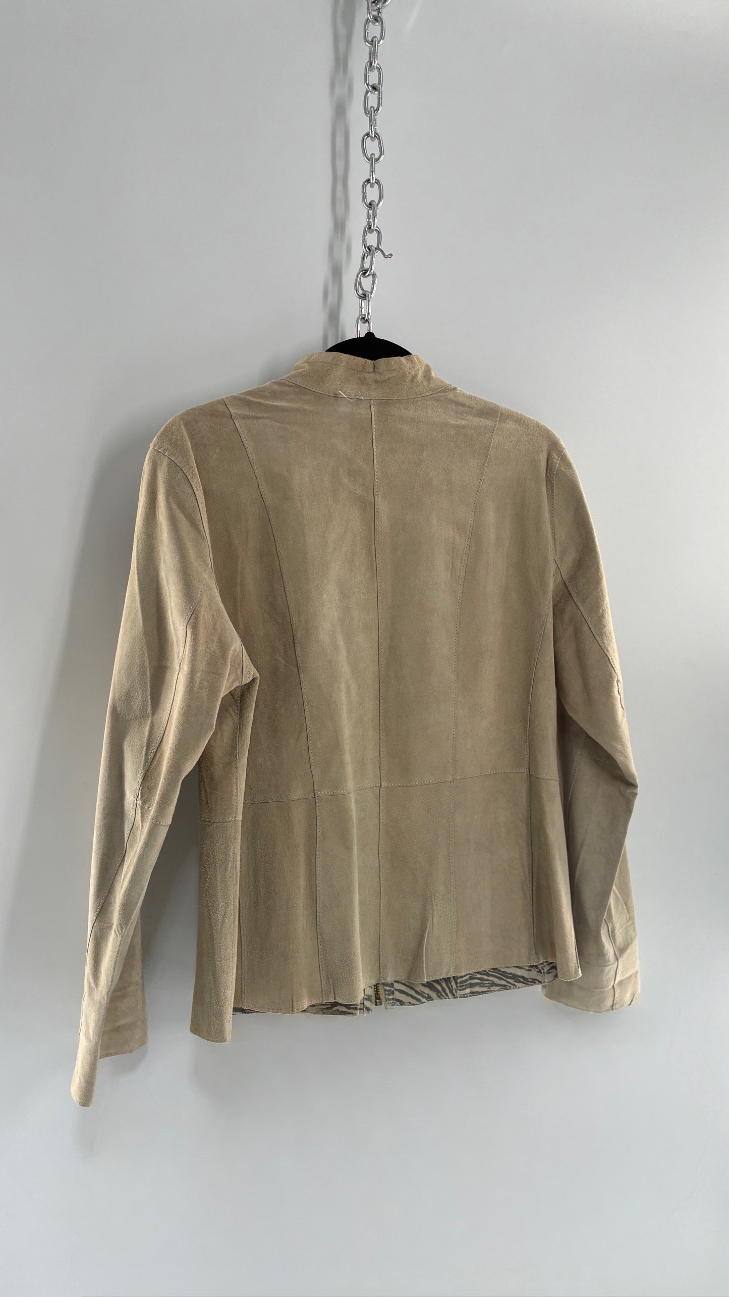 Vintage Reversible Thin Genuine Suede Leather Zip Up Jacket Beige/Zebra (Medium)