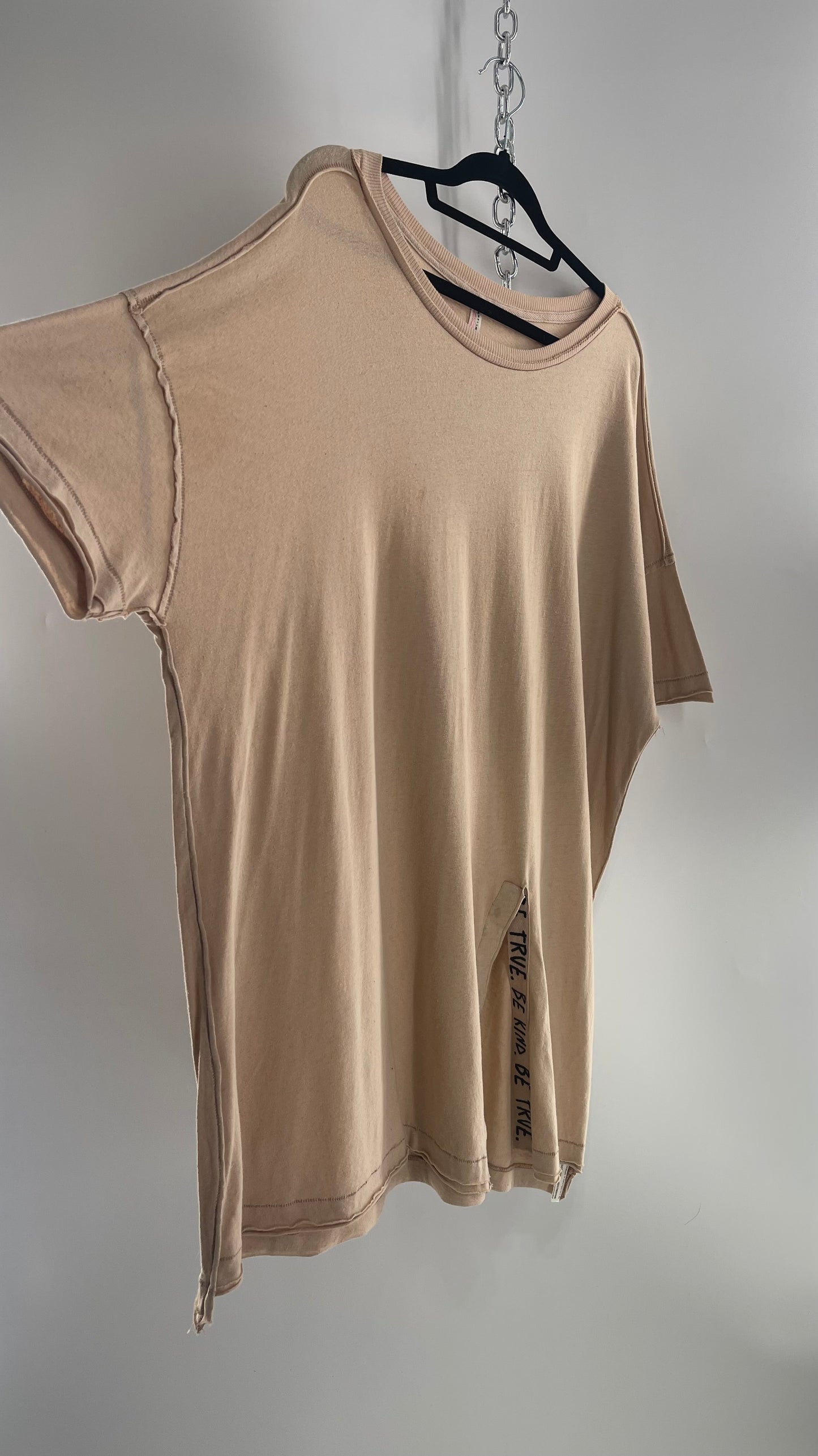 Free People Movement Oversized Light Beige Short  Sleeve T-Shirt with Slit Embroidered Detail (Size XS)