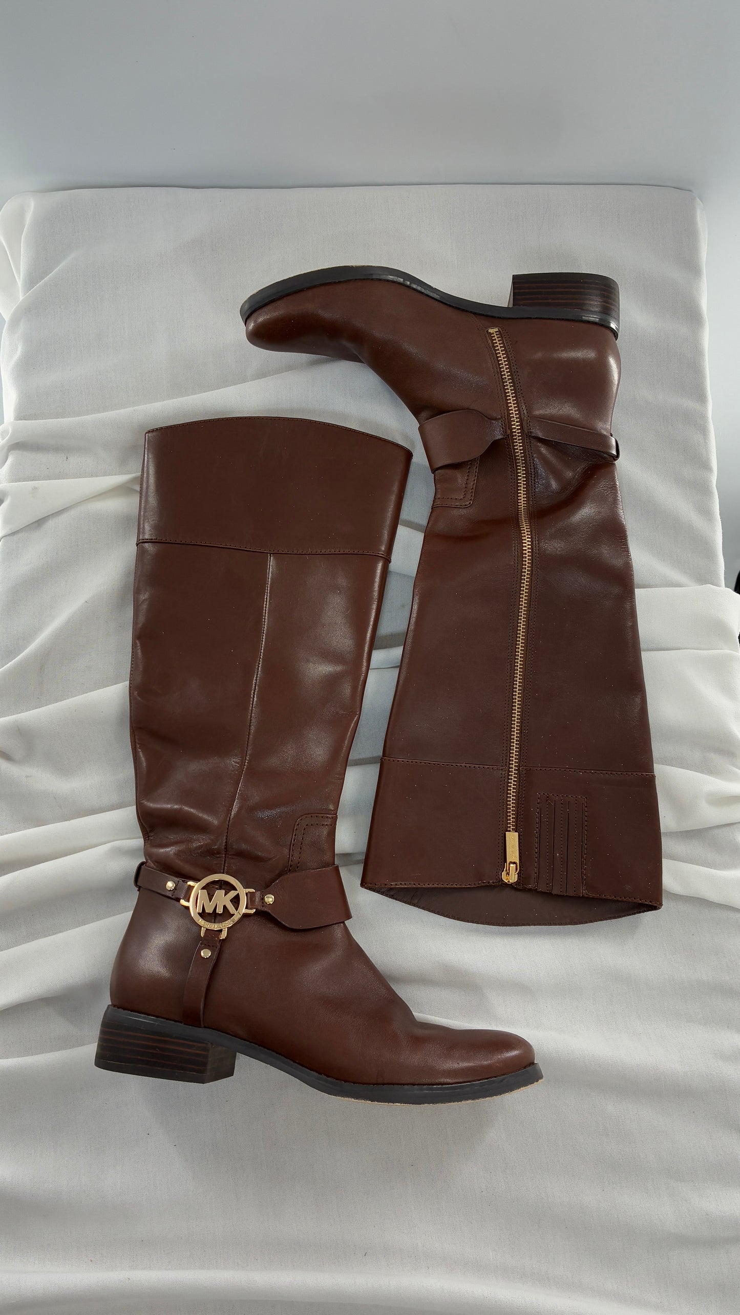 Vintage MICHAEL KORS Knee High Brown Genuine Leather Moto Boot with Gold Detailing (9)