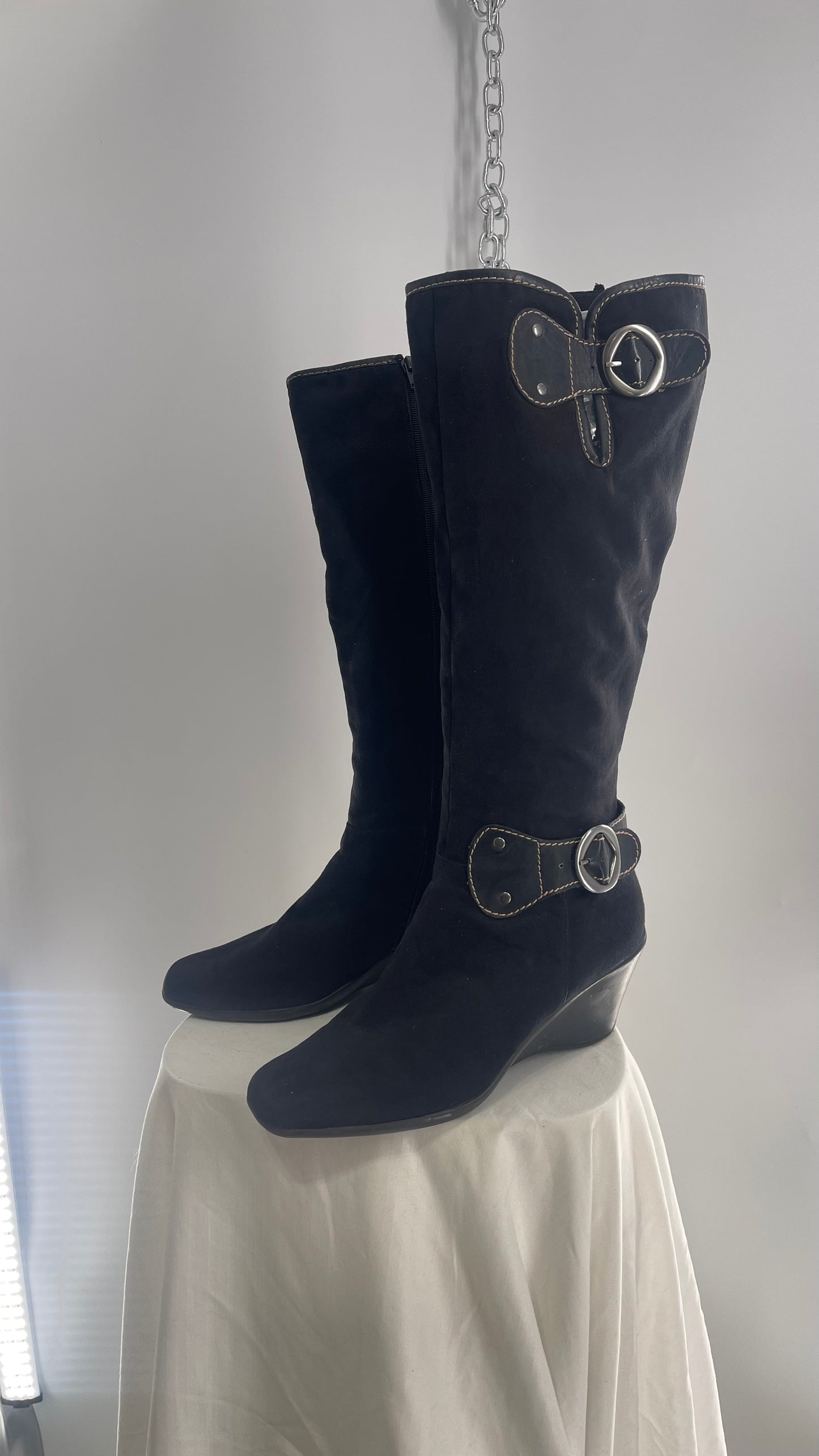 Vintage BASS Black Suede Wedge Heel Knee High Boot with Buckle Details (10)