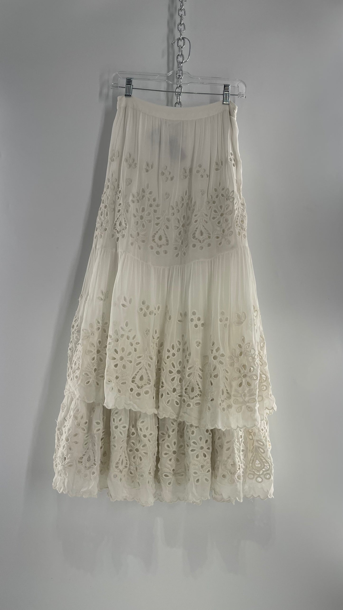 Free People White Embroidered Eyelet/Lace Voluminous Tiered Ruffle Full Length Skirt (4)