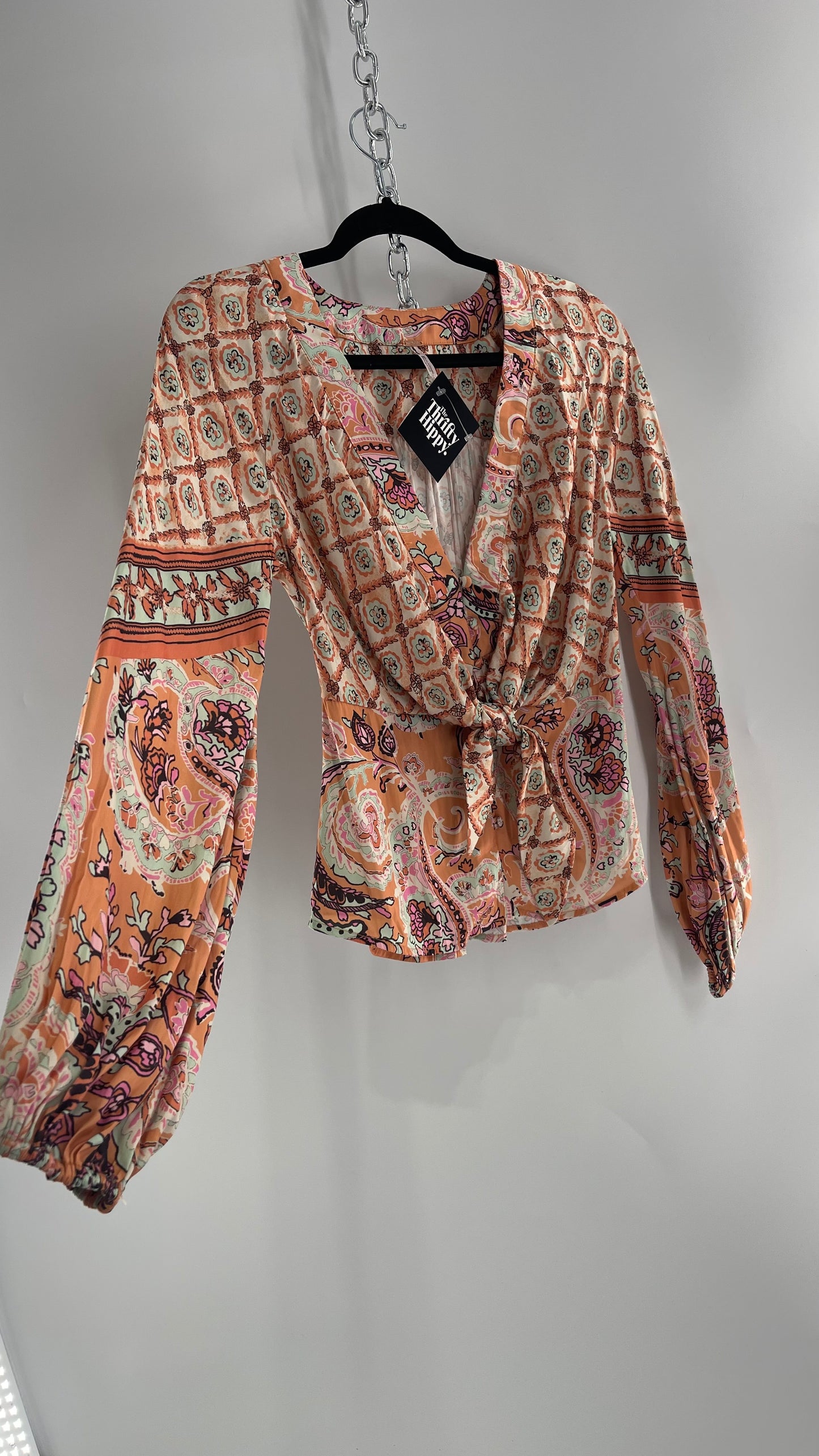 Free People Orange Pastels Paisley Blouse with Bust Tie and Balloon Sleeves (XS)