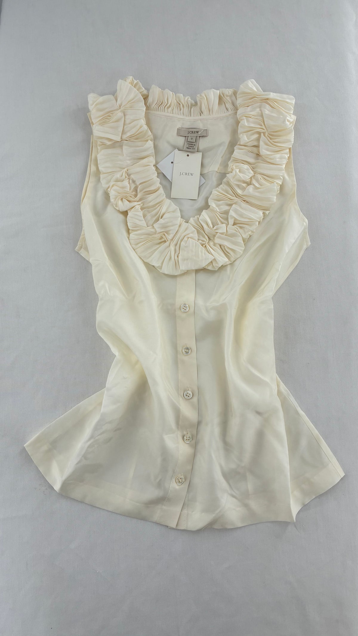 Vintage JCREW Ivory 100% Silk Button Front Sleeveless with Ruffled Neckline (0)