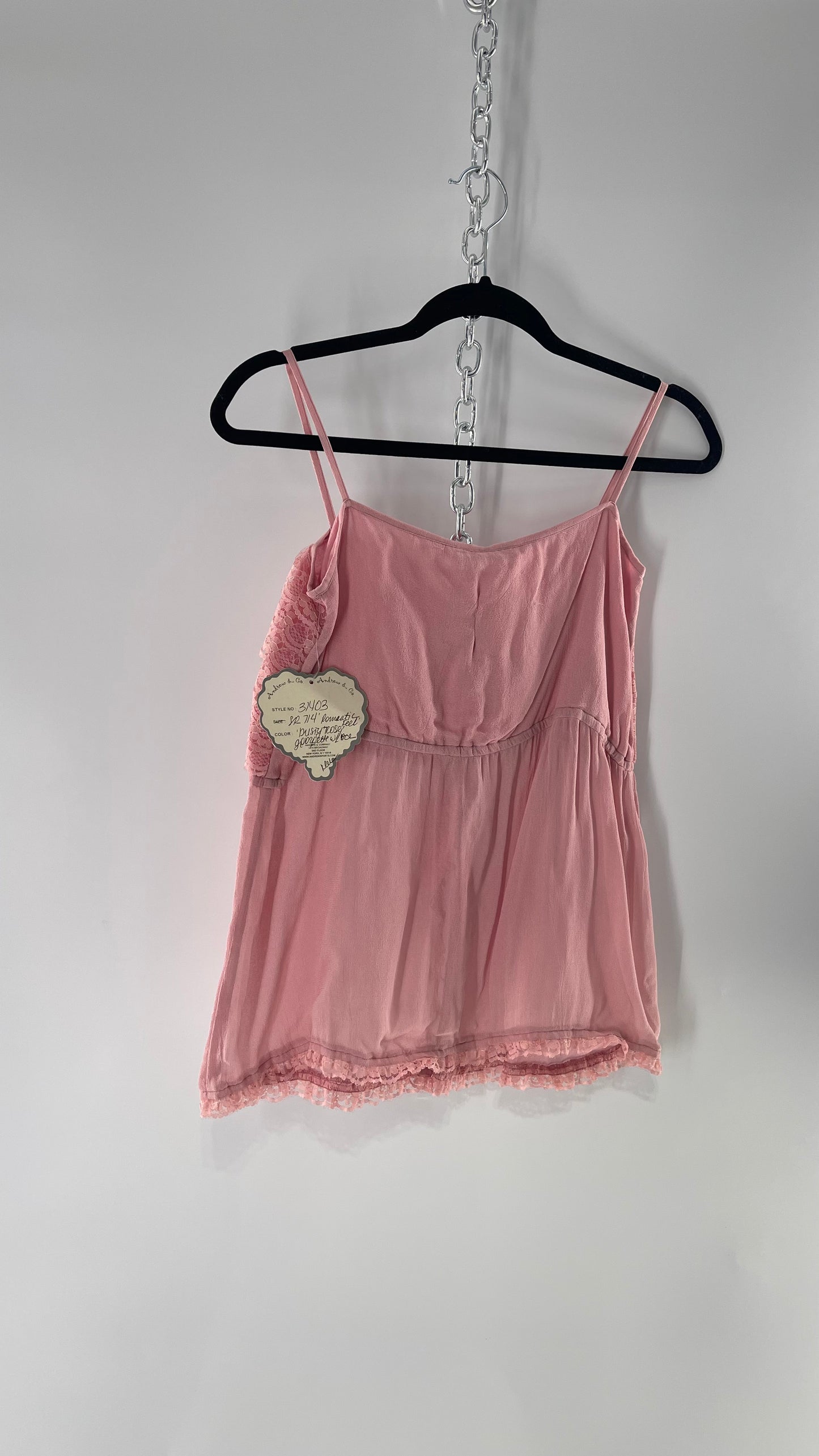 Andrew & Co NYC Deadstock Vintage Ruffled Lace Pink Tank with Bow Detail and Vented Bodice (S/M)