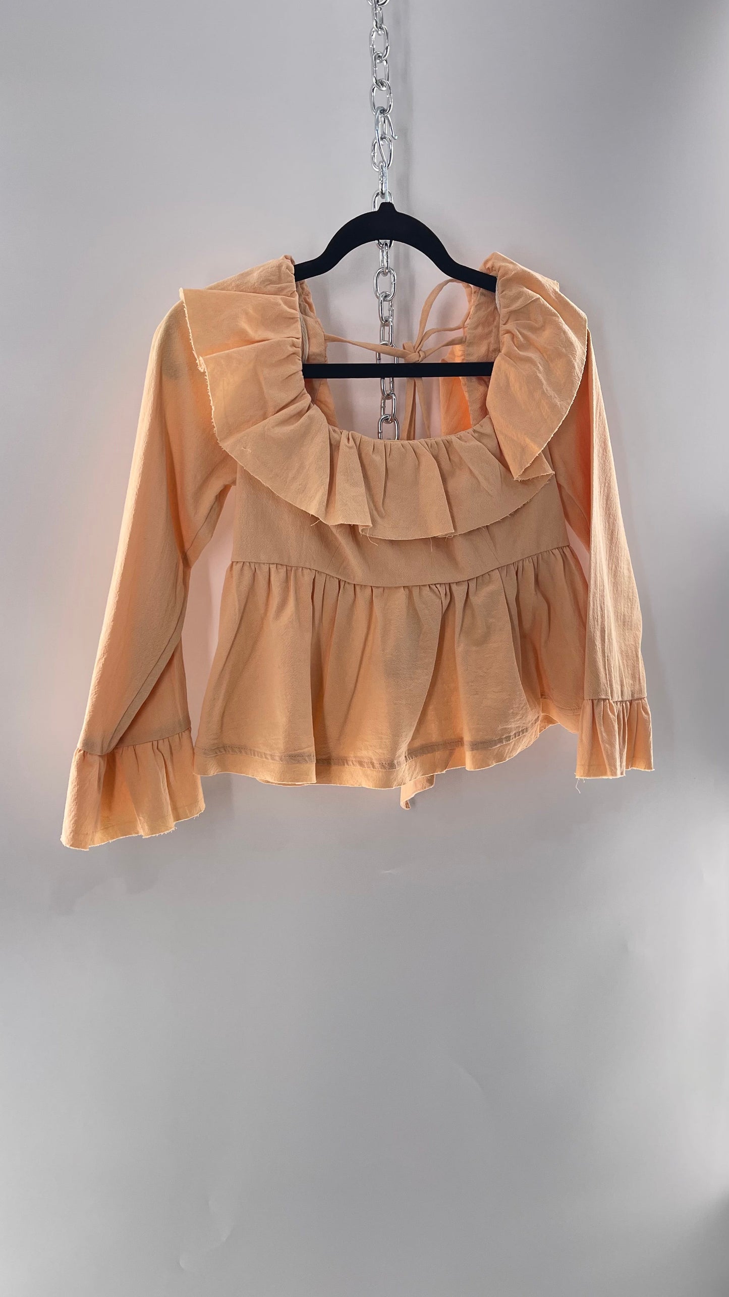 Free People Pumpkin Light Orange Backless Bow Back Cropped Blouse with Ruffle Sleeve and Neckline (XS)