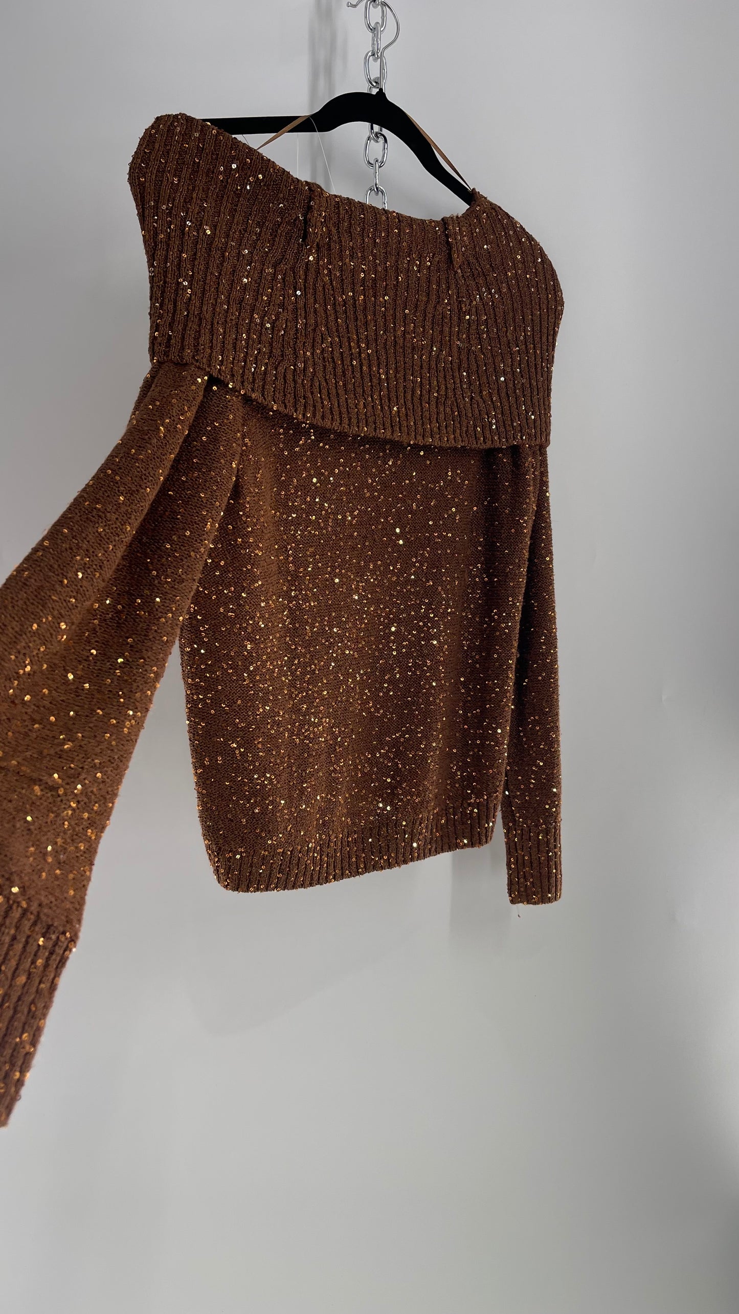 INC Bronze Knit Off the Shoulder Sweater with Sequins (XL)