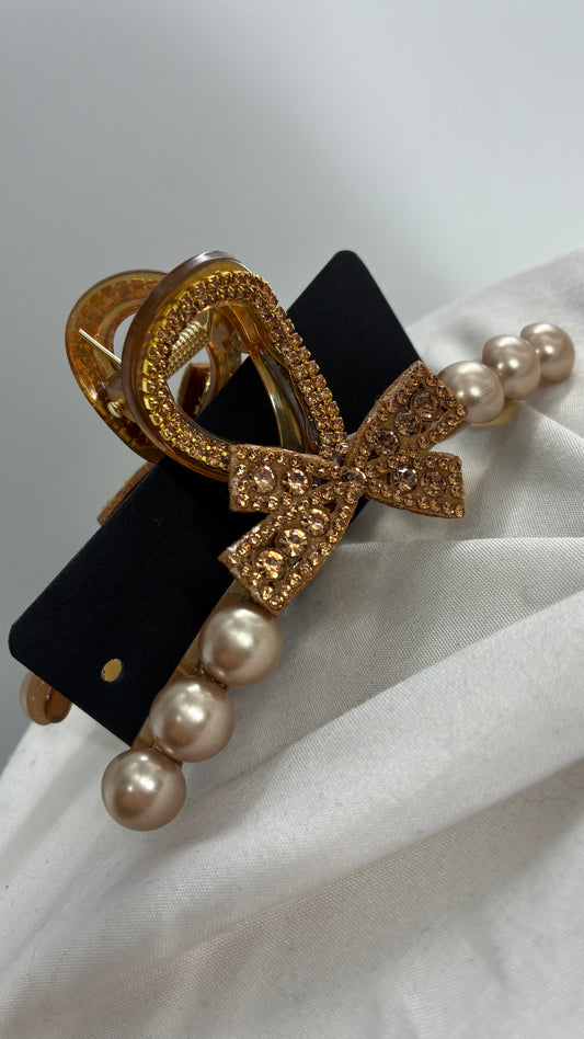 Tan Pearl Rhinestone Claw Clip