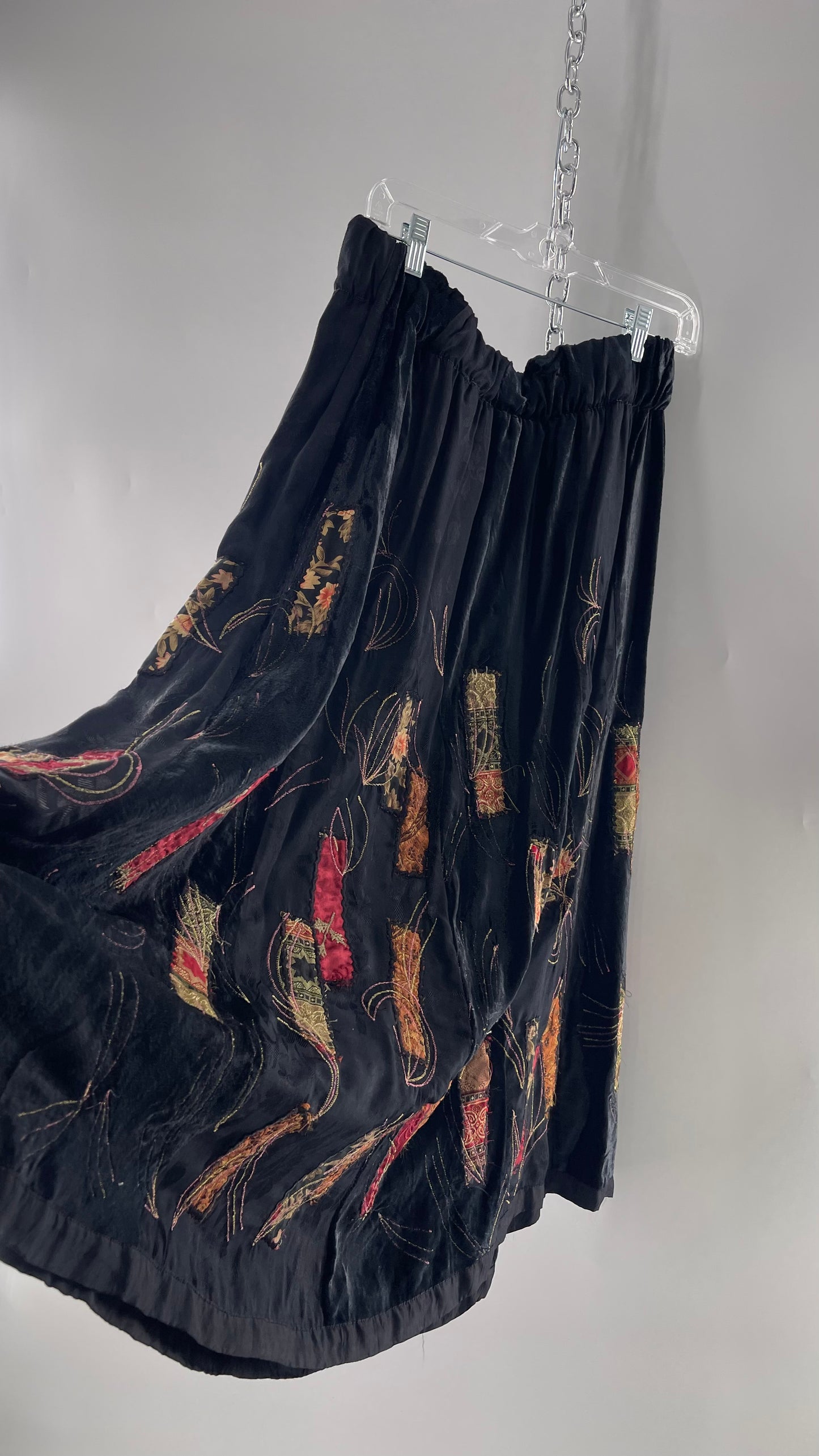 Vintage Black Velvet and Embossed Florals Patchwork Skirt with Metallic Stitch Detailing with Lining and Thick Waistline (M)