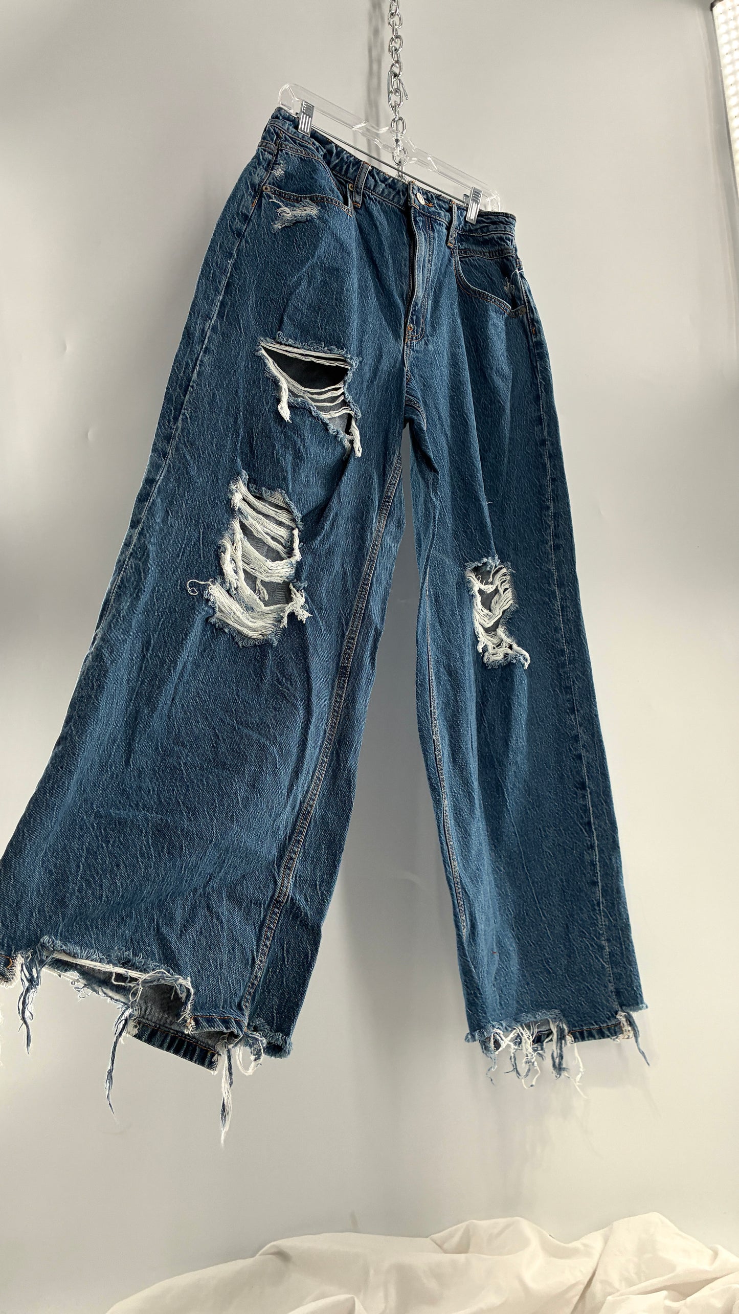Free People Medium Wash Wide Leg Distressed Jeans (30)