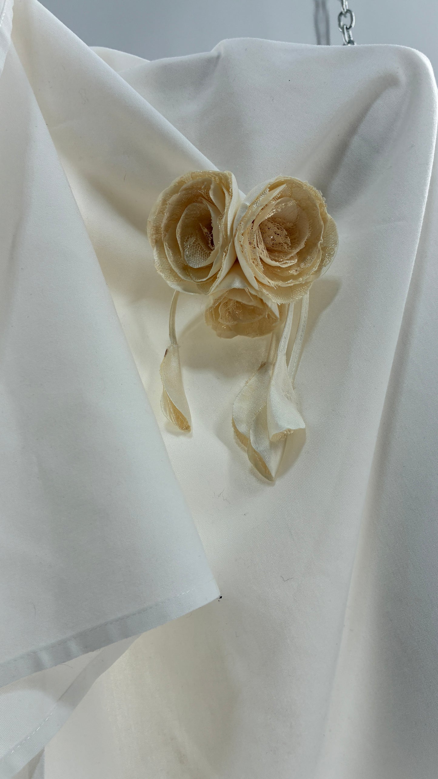 Vintage Brooch Pin: Oversized Rosette Cluster of Handmade Off White Satin and Lace Flowers with Pearl Center