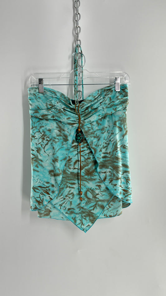 Vintage VENUS Turquoise Handkerchief Hem, Vented Tube Top with Stone Buckle and Choker Detail (M)