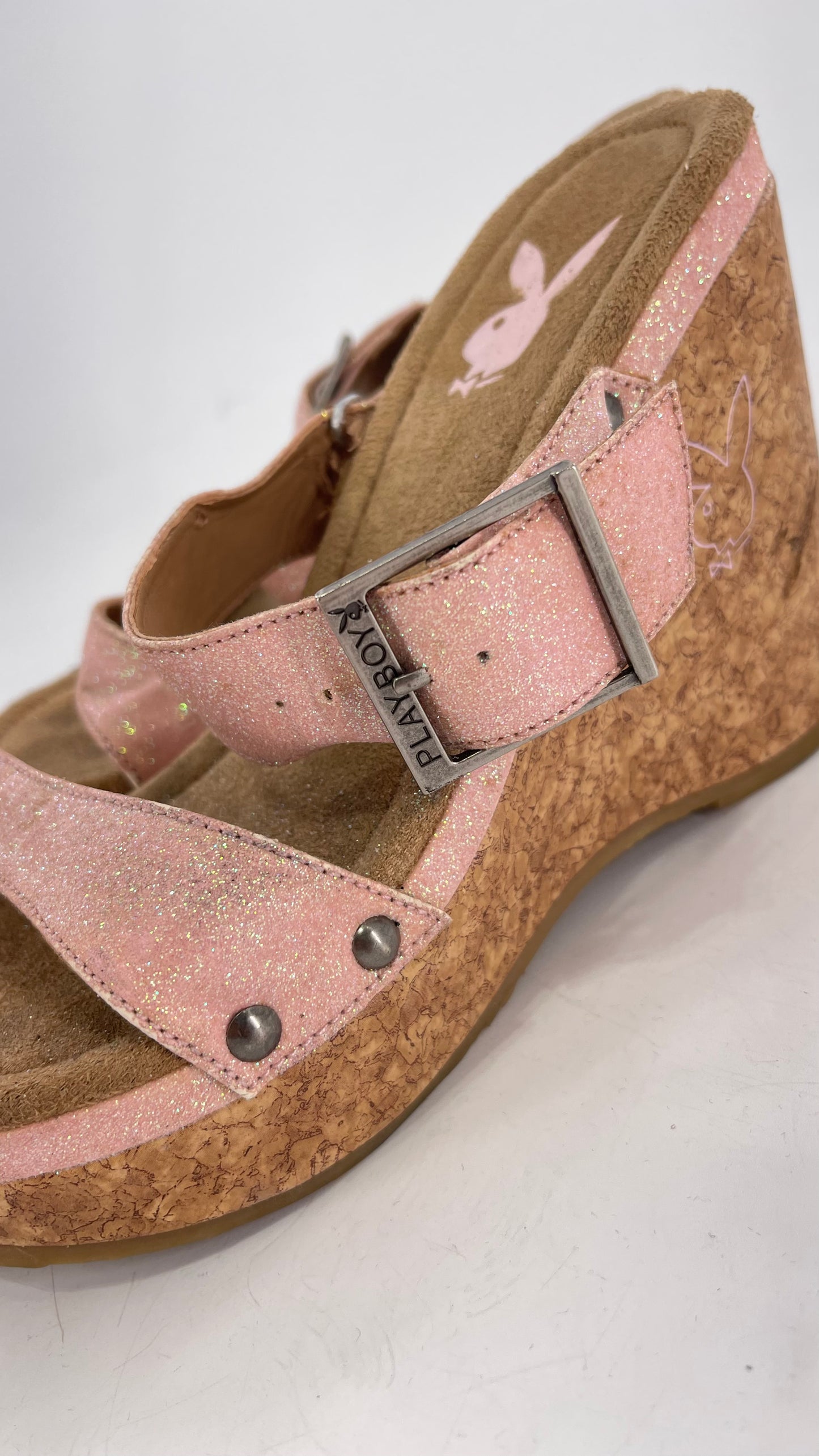 Playboy Pink Glitter Wedge Heel with Cork Heel and Playboy Engraved Buckle (6)