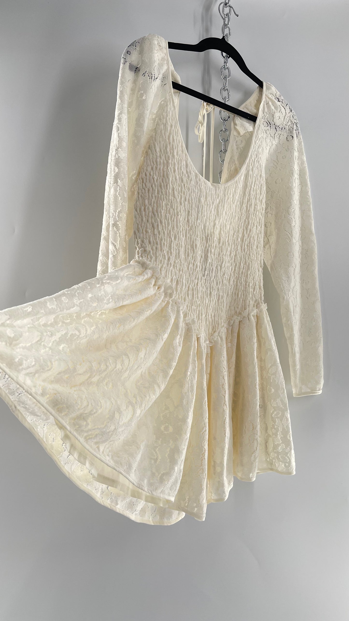 Free People White Velvet Lace Dress with Smocked Bodice and Pointed Waistline (Medium)