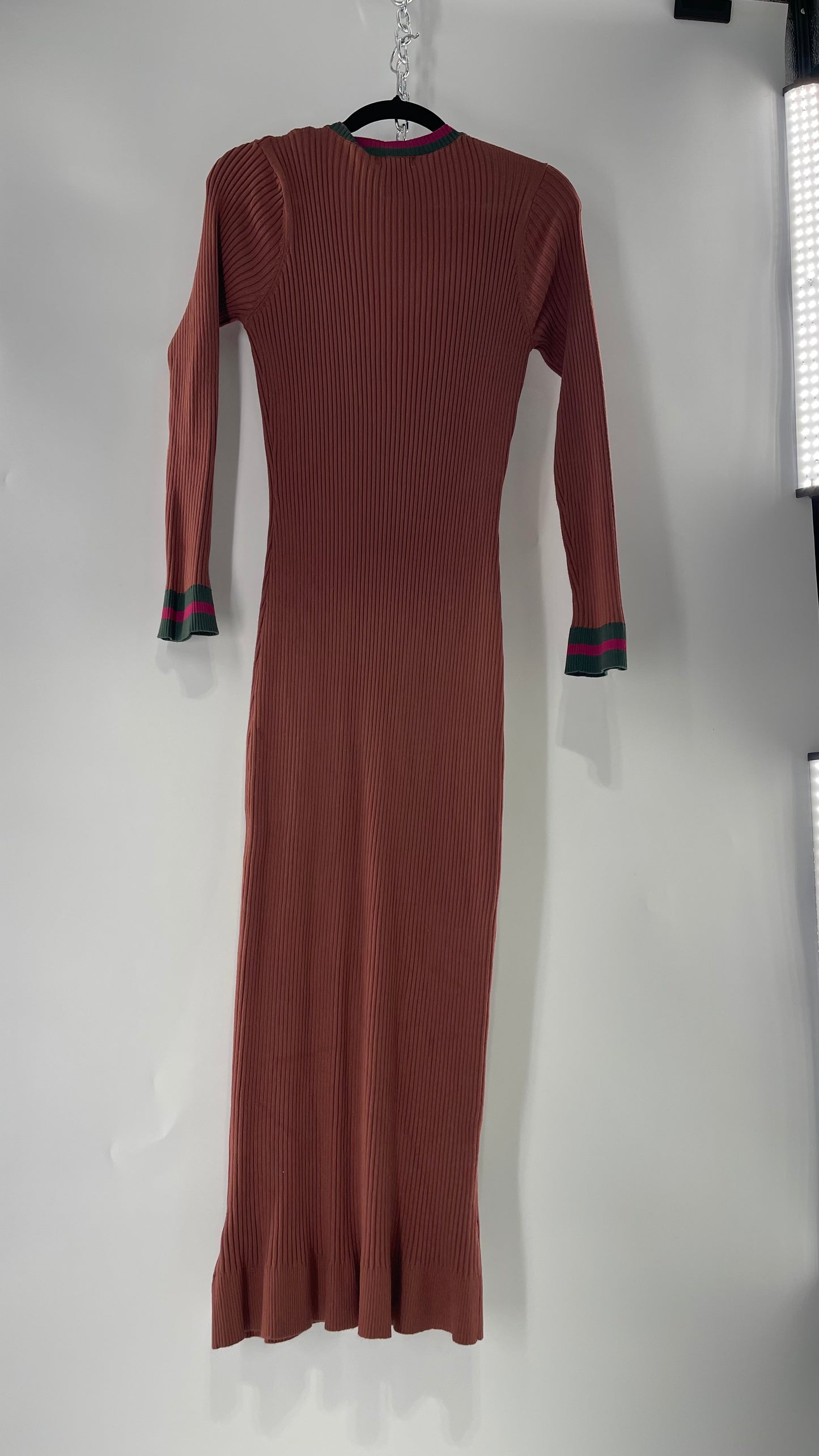 Current Air Los Angeles Brown Ribbed Knit Long Sleeve Button Front Dress with Fuchsia and Forest Green Striping (XS)