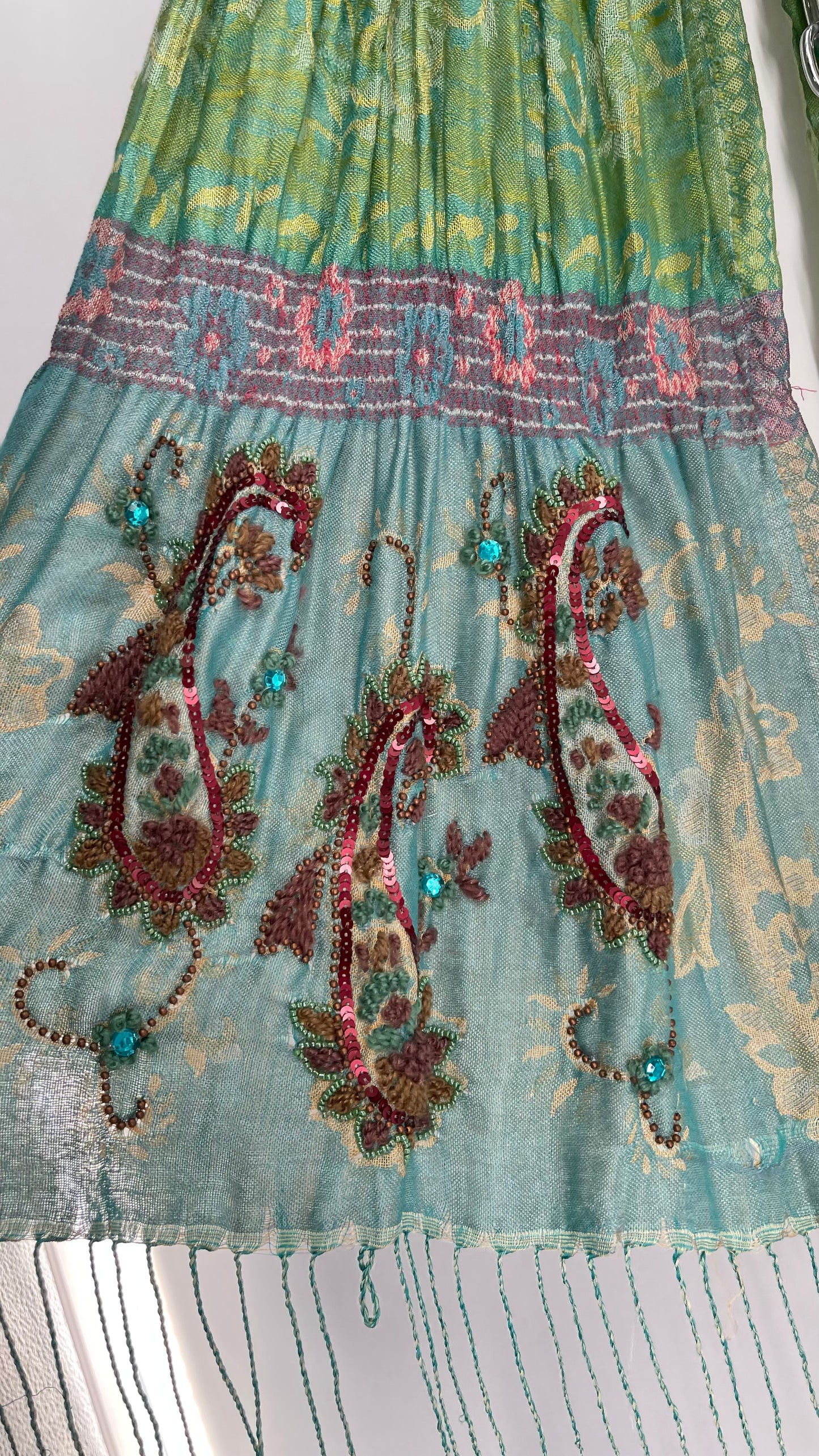 Vintage Tolani 100% Silk Pastel Scarf with Beaded Embroidered Details