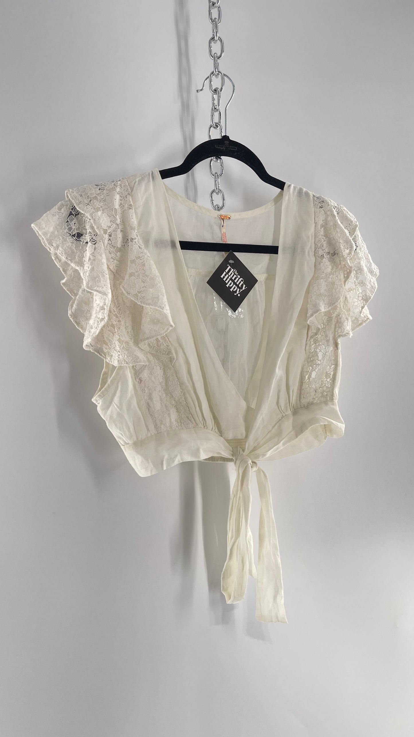 Free People White Cotton Cropped Wrap Around Blouse with Lace Details (L)