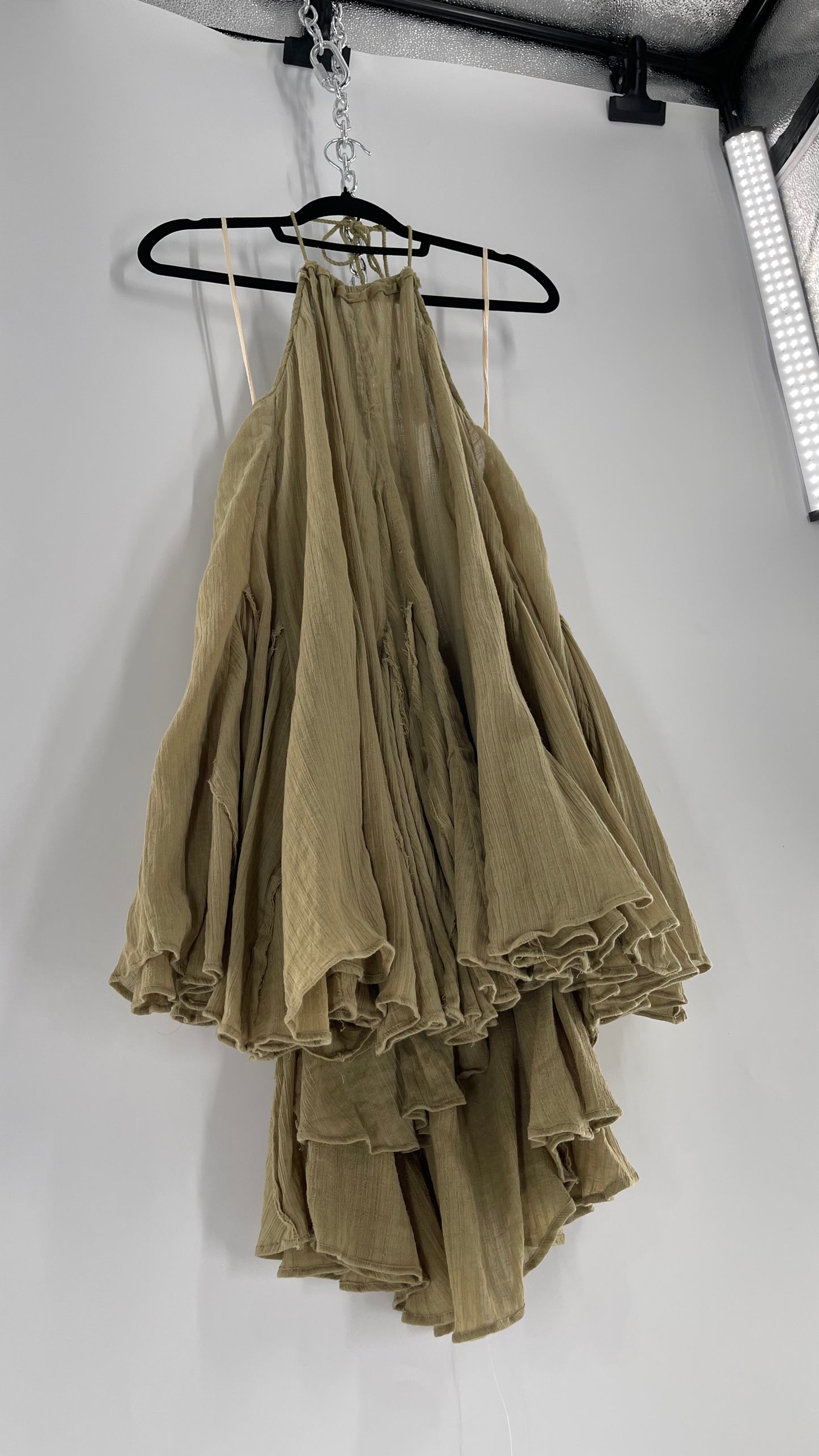 Free People Olive Sage Gauze/Cotton Halter Backless Dress (M)