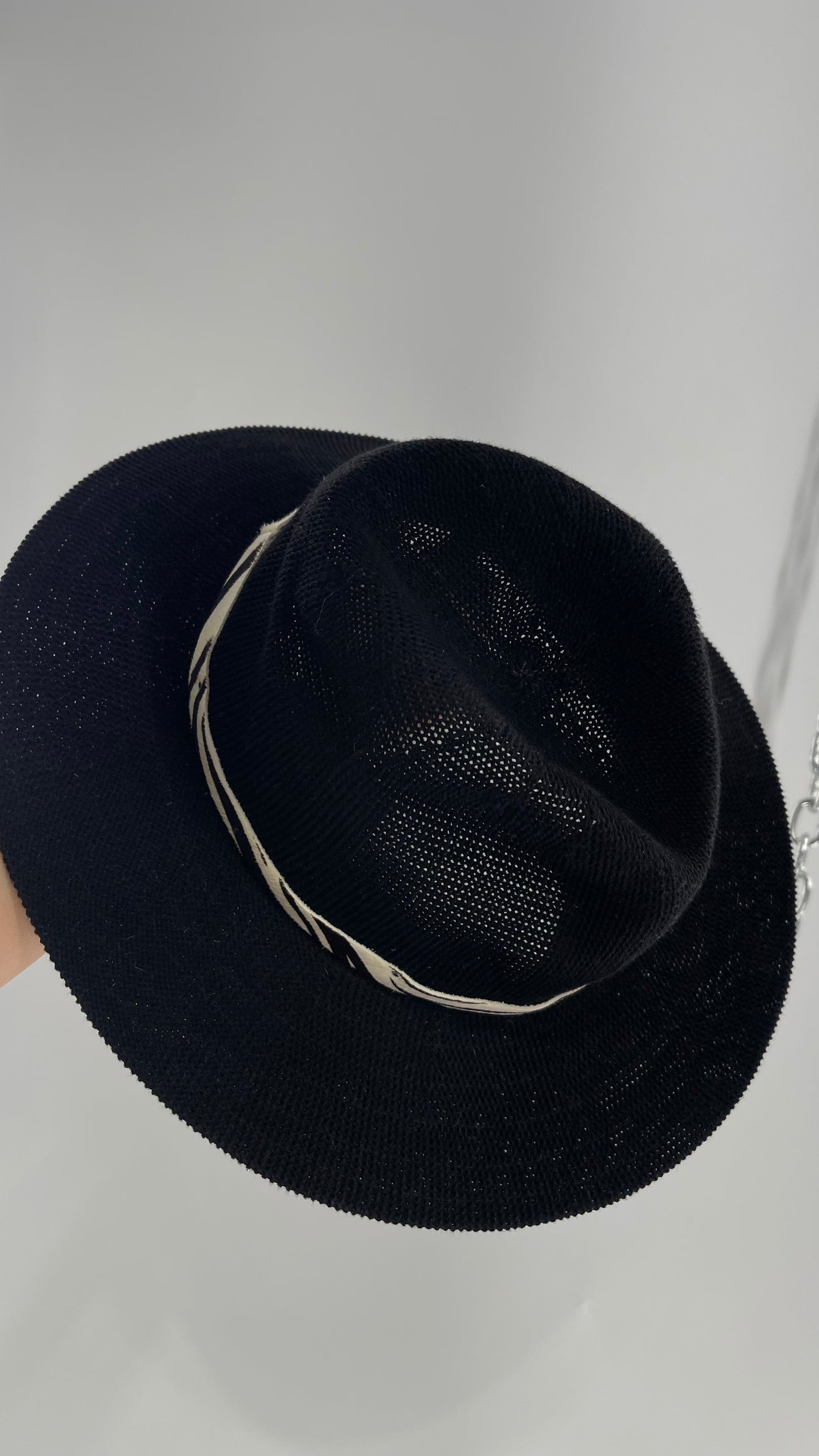 Free People Black 55% Cotton Woven Sun Hat with Textured Fur Belt