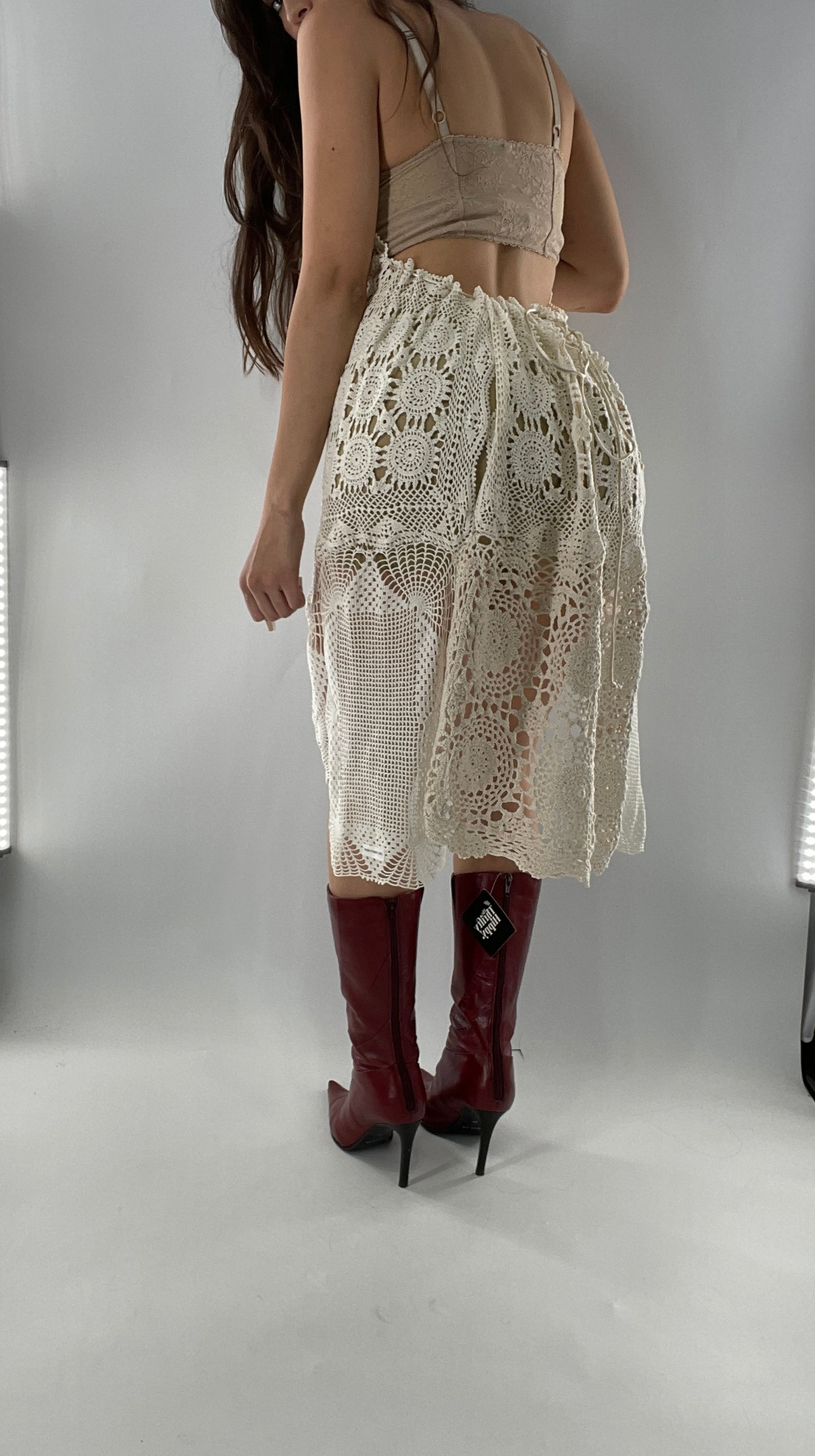 Vintage Handmade Crochet Cottage Adjustable Dress with Open, Low Back (One Size)