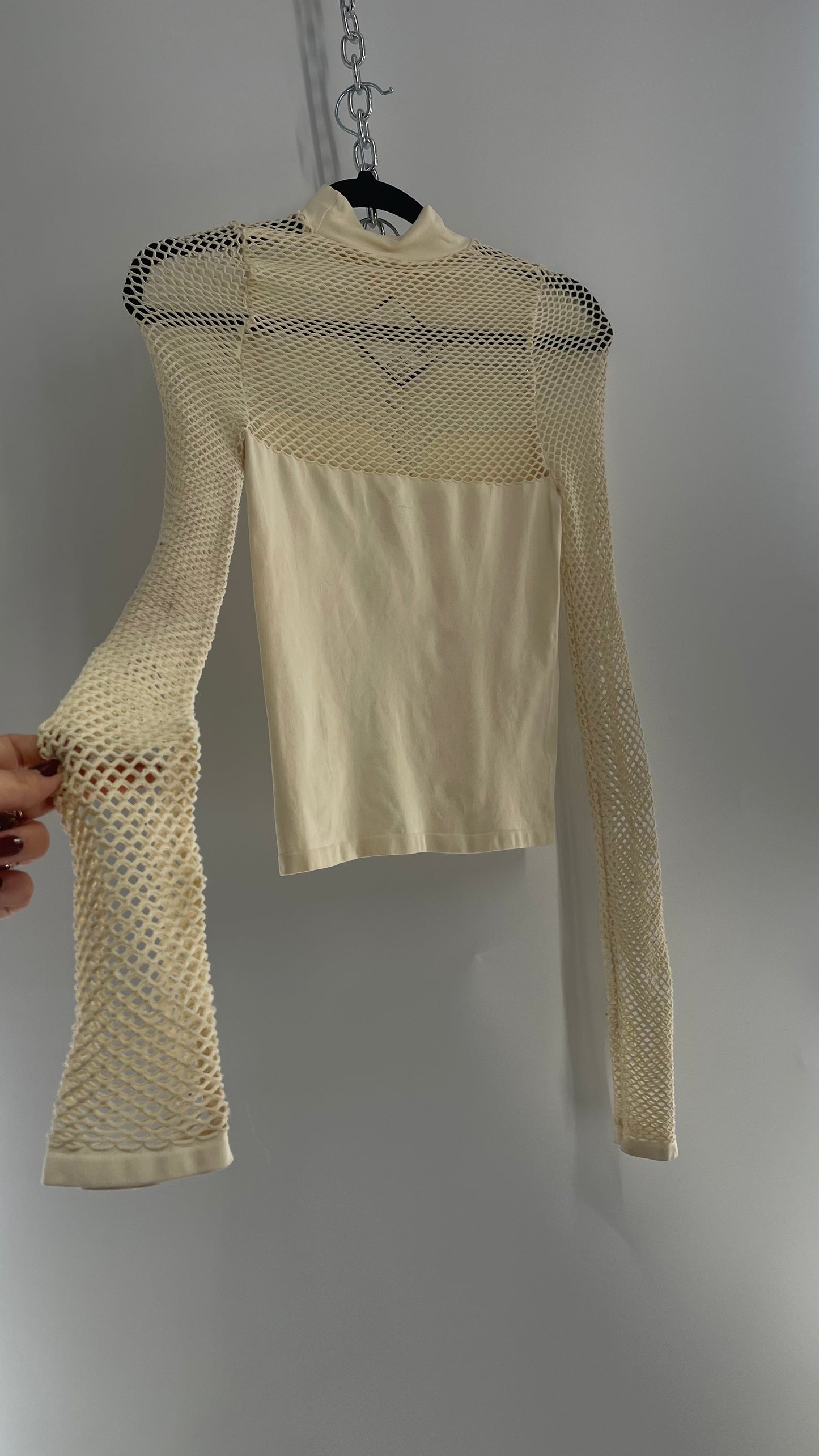 Intimately Free People Worn Off White/Cream Fishnet Sleeve and Bust Stretchy Turtle Neck (XS/S)