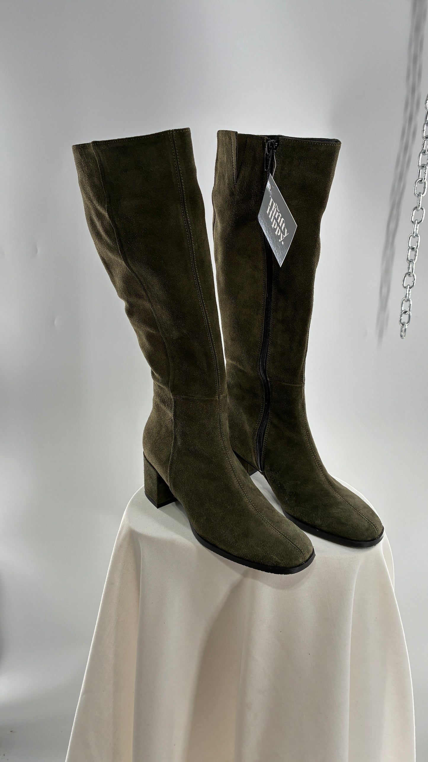 Vintage ERIC MICHAEL Olive Green Suede Boots Square Toe Knee High Boots (36)