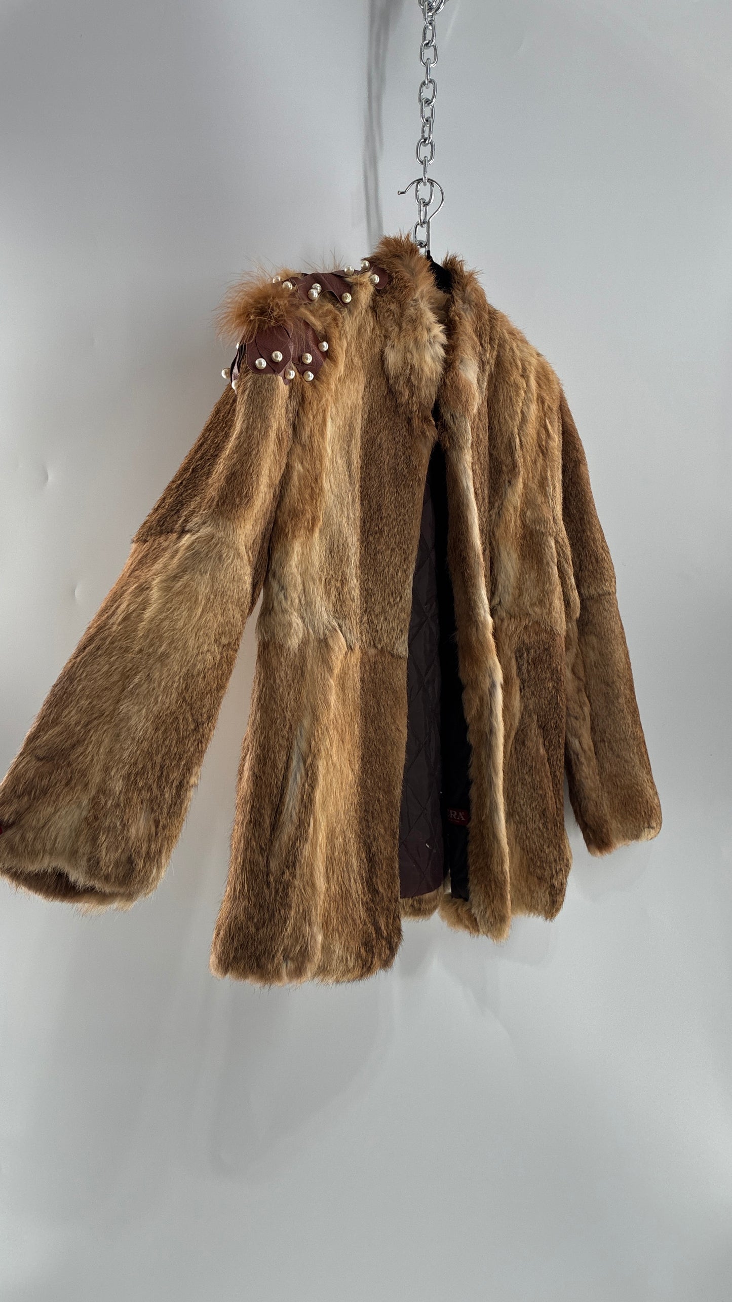 Vintage OPERA Montreal New York Genuine Fur Coat with Pearl Embellished Leather Flower Appliqués (Medium)