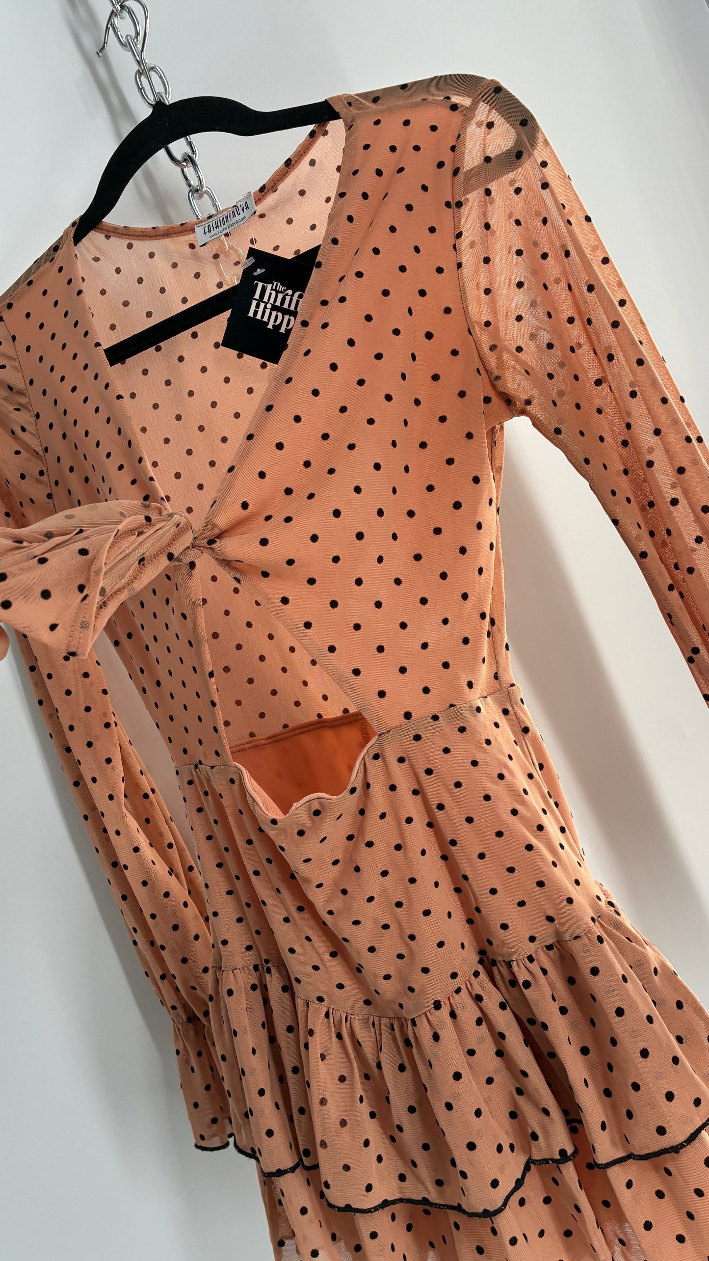 Fashion Nova Tan/Apricot Balloon Sleeve Romper with Ruffled Shorts and Cut Out, Tie Front Bust (Small)
