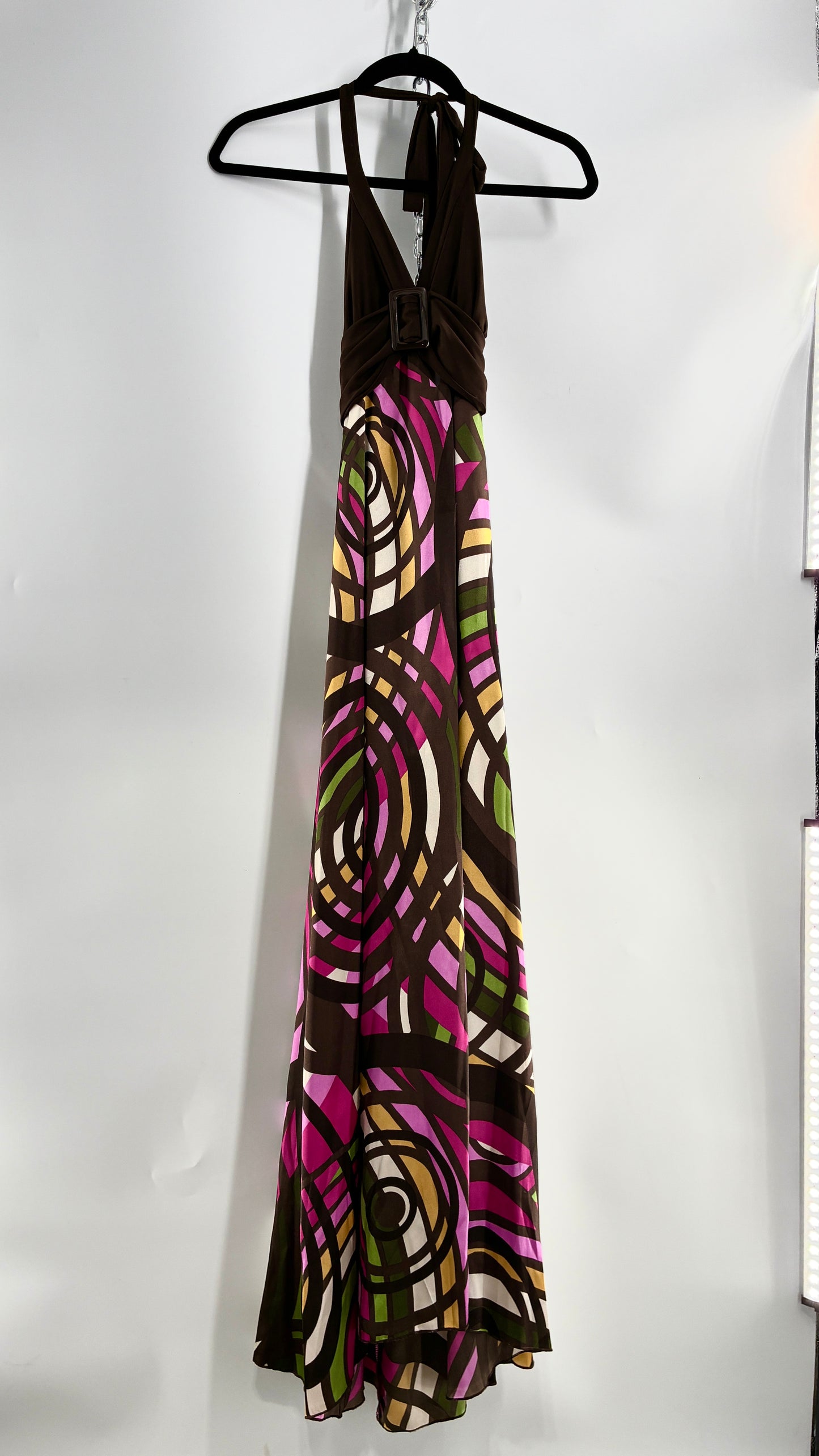Vintage Candies Brown Patterned Gown with Belted Bust and Halter Neckline (Medium)