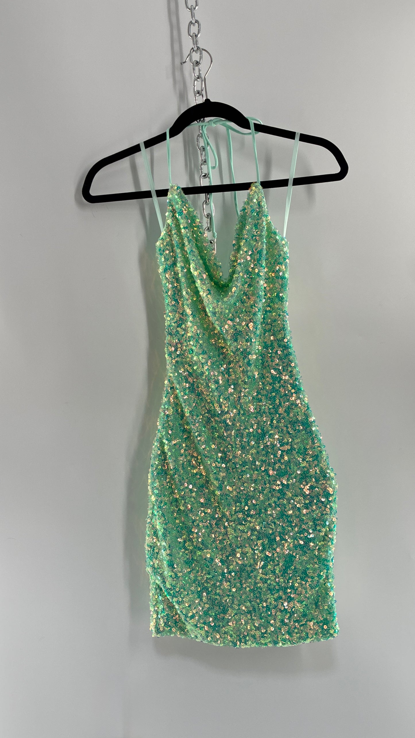 WINDSOR Aqua Blue Sequin Mini Dress with Draping Bustline and Tags (Small)