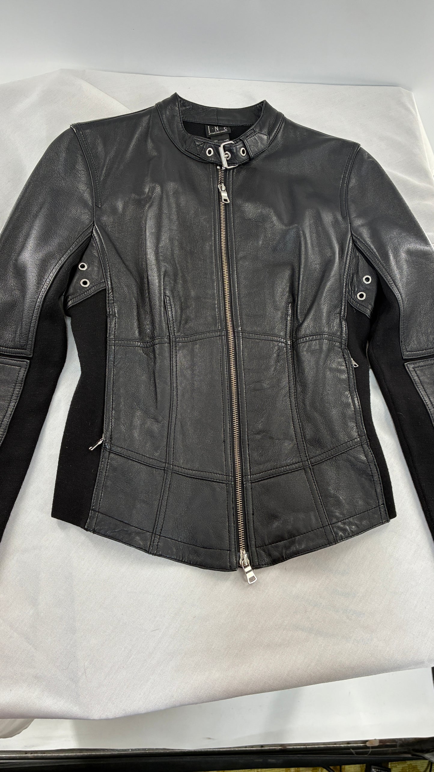 Vintage INC Black Genuine Leather and Wool Blend Paneled Patch Motorcycle Jacket (Medium)
