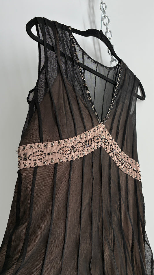 ECI NEW YORK Nude Camisole Dress with Black Mesh Overlay and Beaded Details (8)