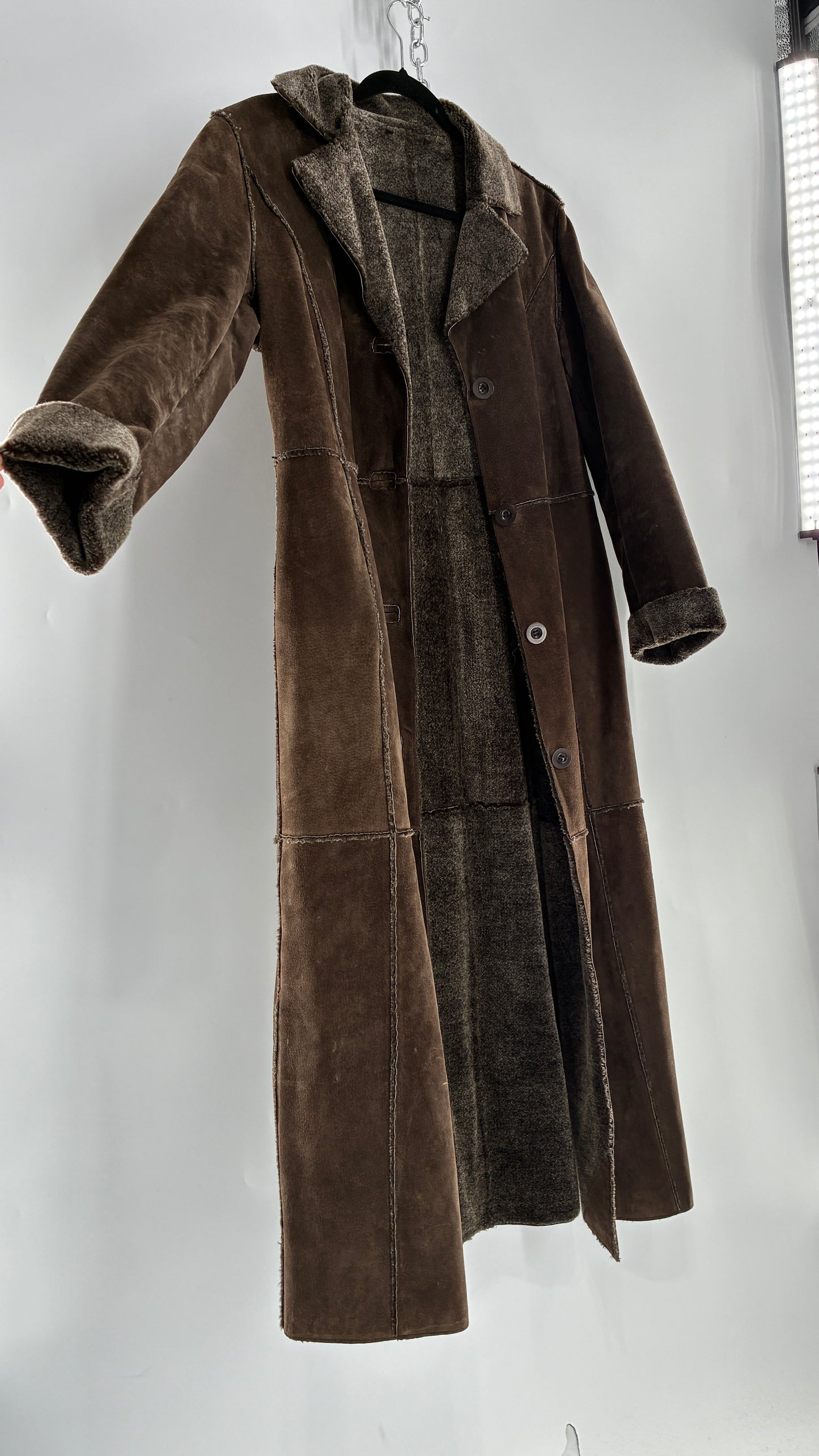 Vintage WINLIT Brown Full Length Paneled Suede Leather Coat (Small)