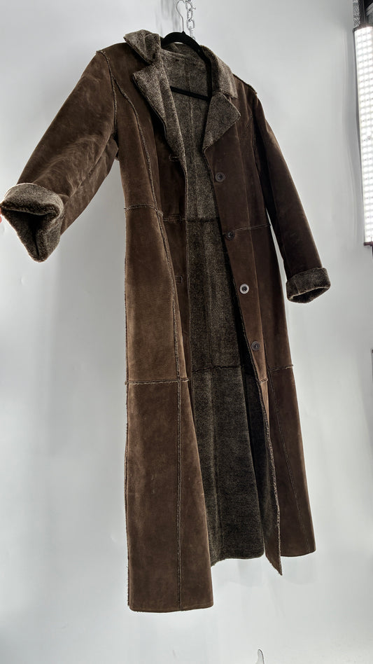 Vintage WINLIT Brown Full Length Paneled Suede Leather Coat (Small)
