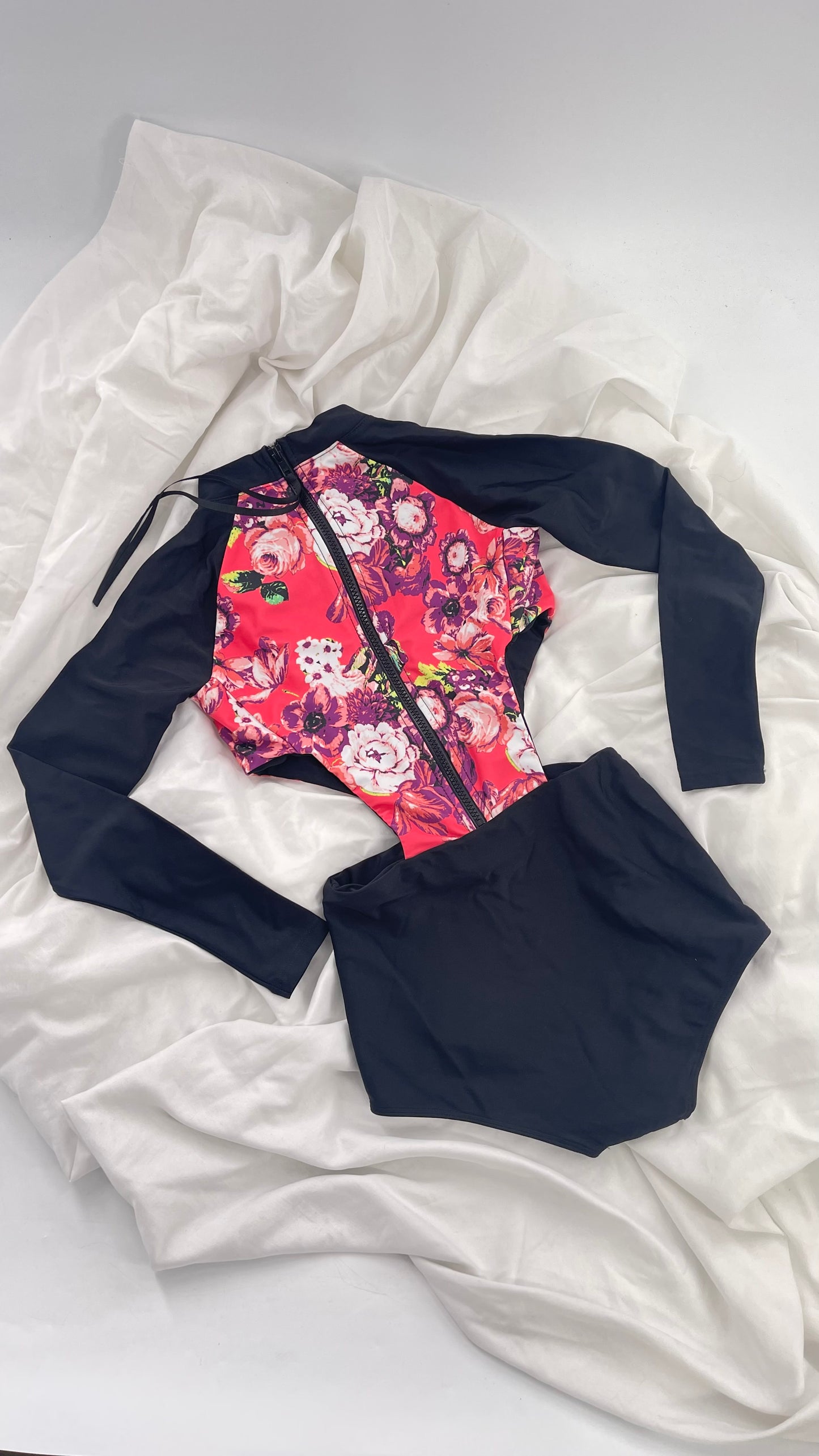 BEACH RIOT x Free People Black Long Sleeve Swimsuit with Hot Pink Floral Torso and Cut Outs (XS)