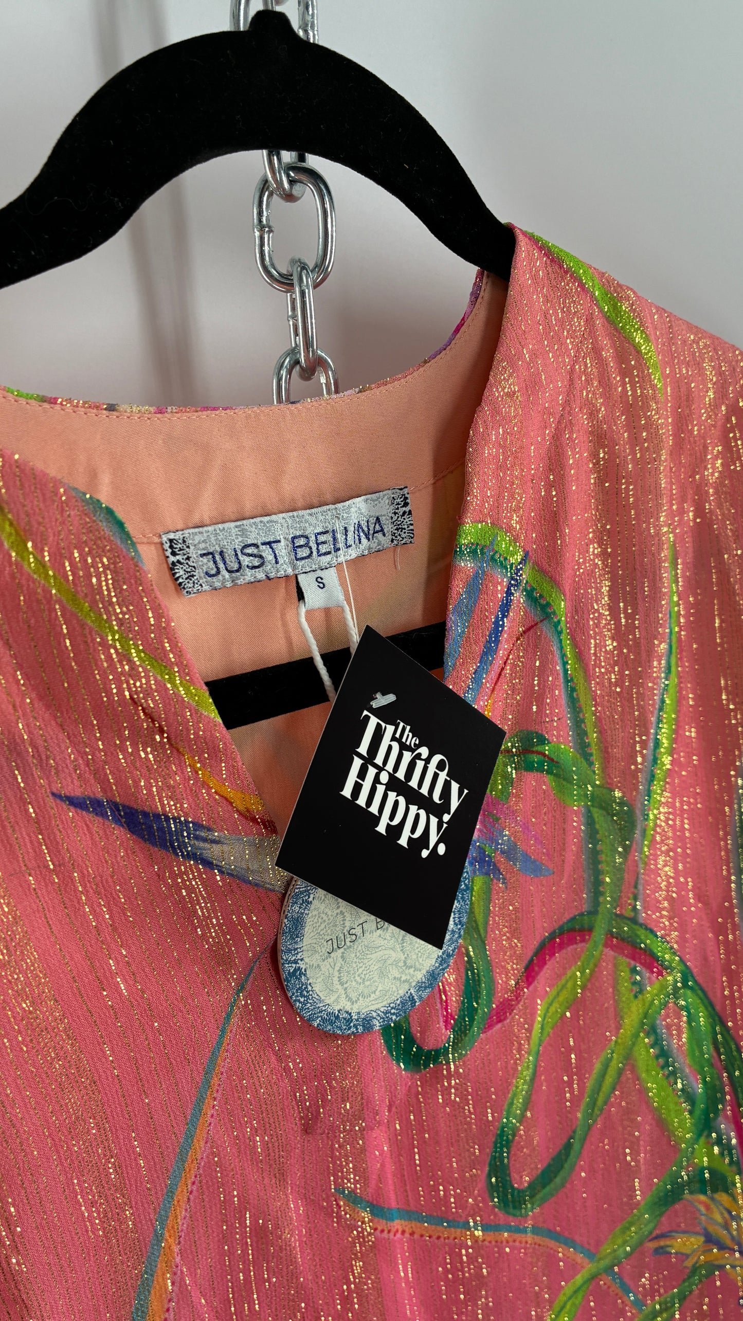 JUST BELLINA Pink Tropical Patterned Puff Sleeve Blouse with Gold Threading and Tags Attached (Small)