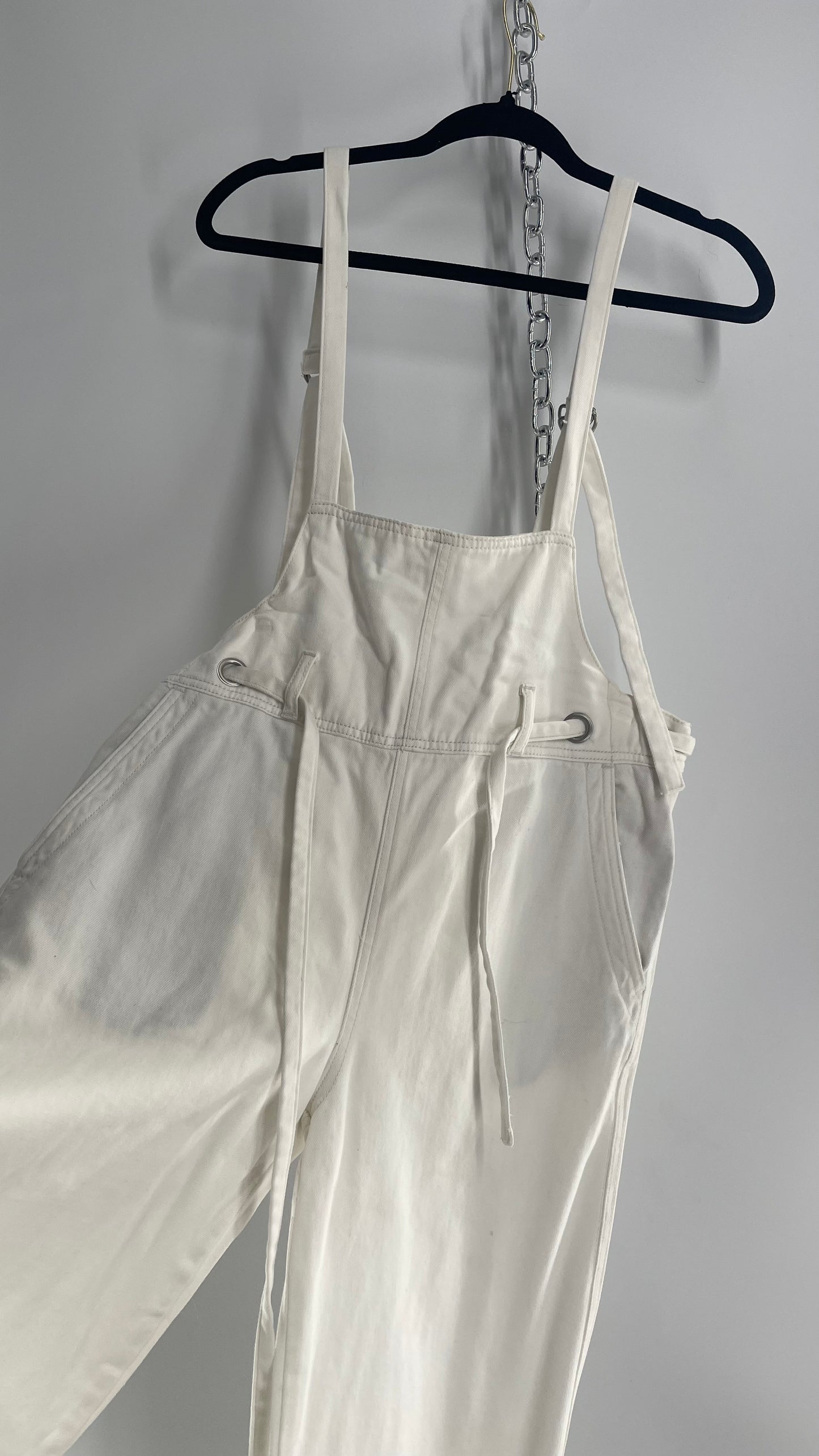 Free People White Denim Jumpsuit with Low Front and Open Back (Small)