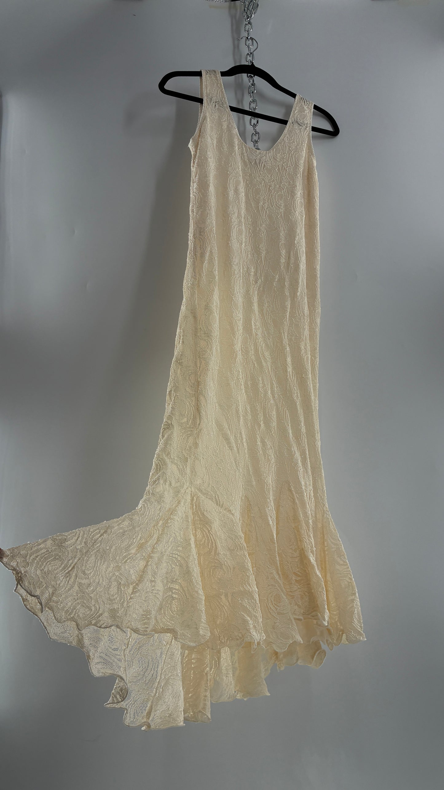 Vintage SARA MIQUE New York Off White Maxi Dress and Balloon Sleeve Cardigan Set (M)