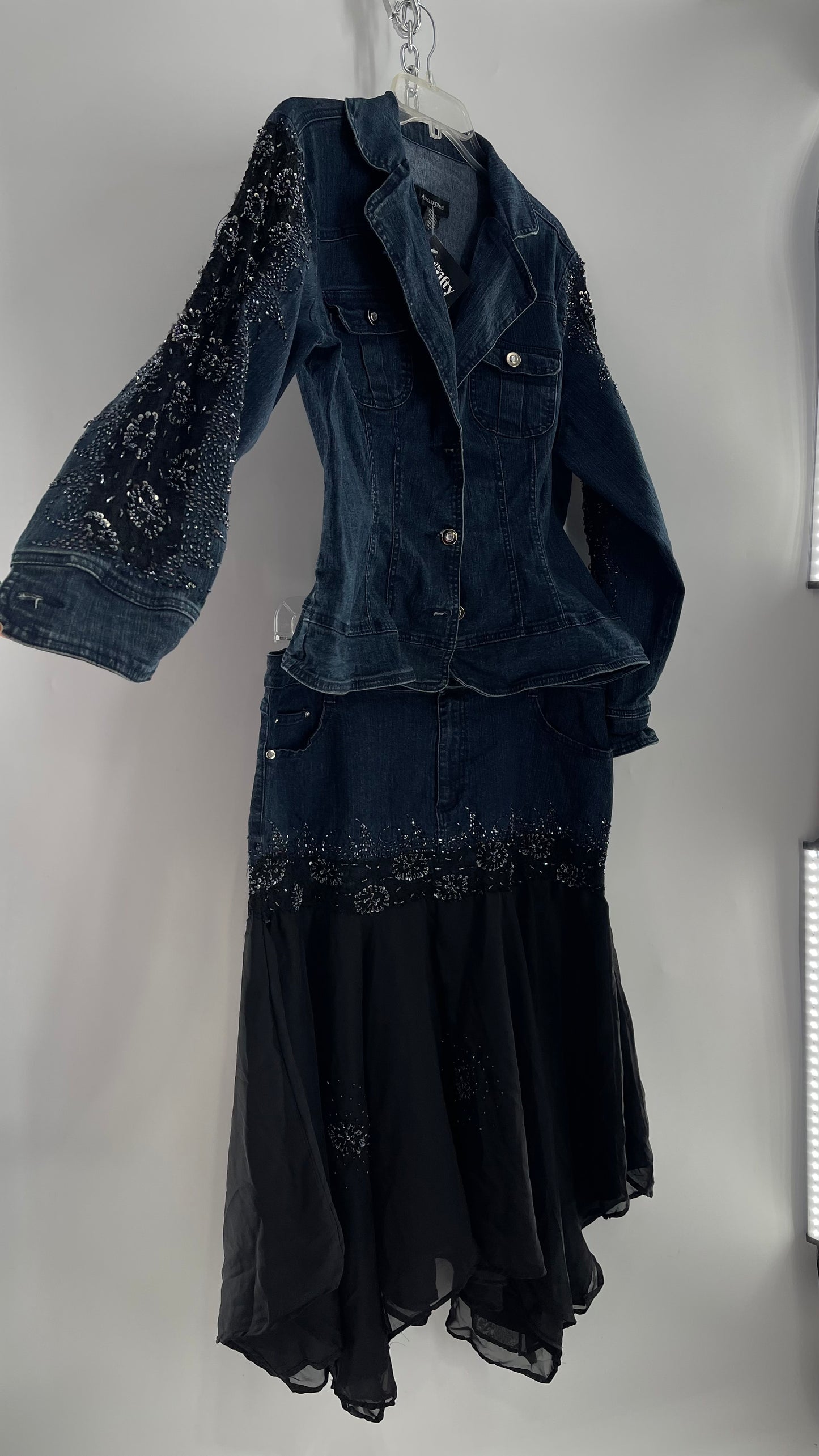 Vintage Ashley Stewart Denim Skirt and Button Up Set with Black Embroidered and Beaded Lace Details + Handkerchief Skirt (16W)