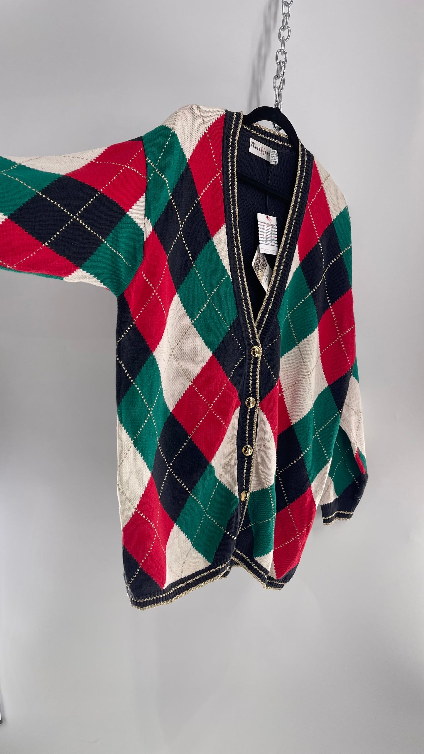 Vintage Urban Outfitters Renewal Argyle Christmas Cardigan with Tags Attached (Large)