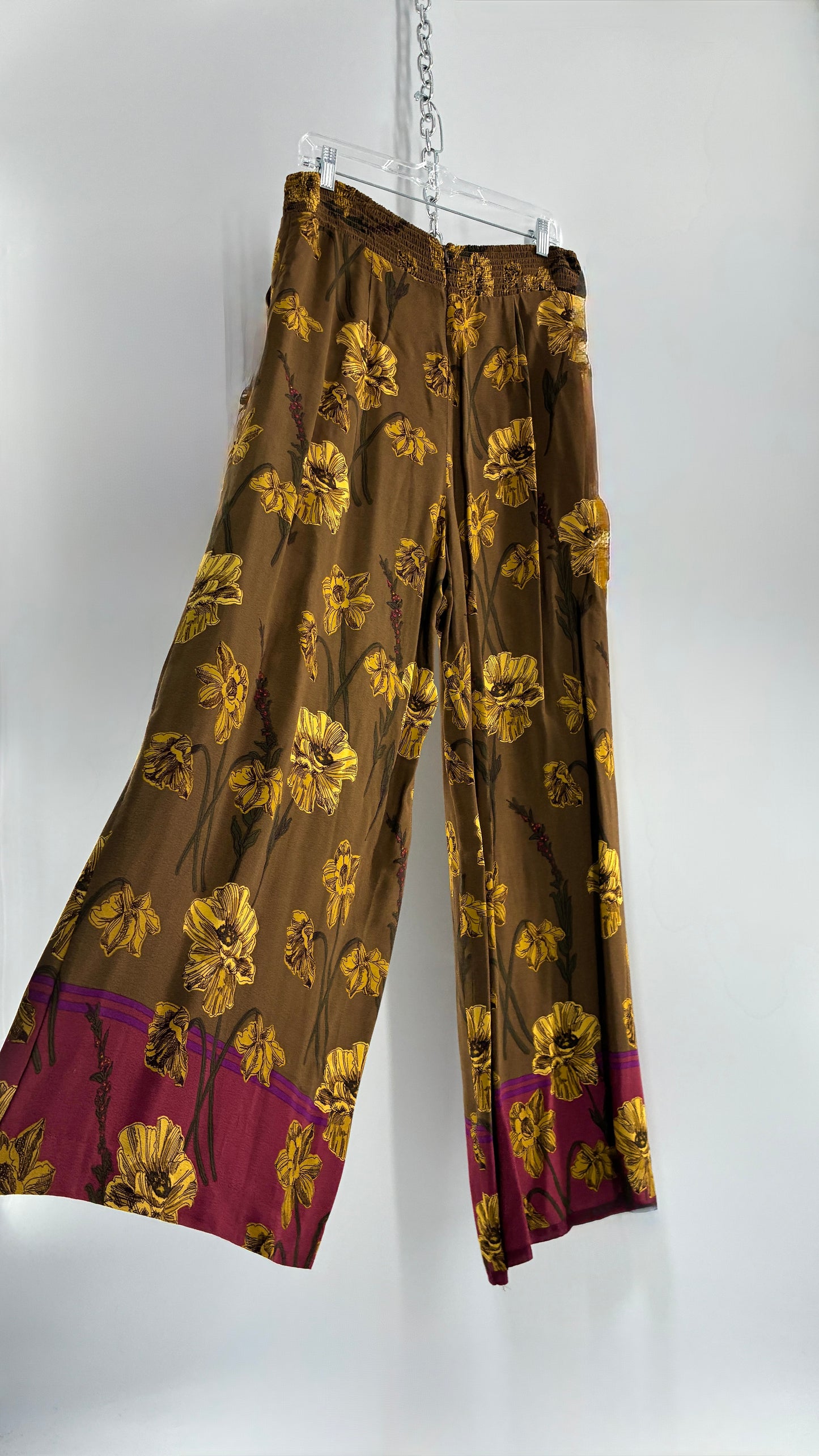 Anthropologie MAEVE Mustard Wide Leg Pants with Mauve Hemline and Floral Pattern (12P)