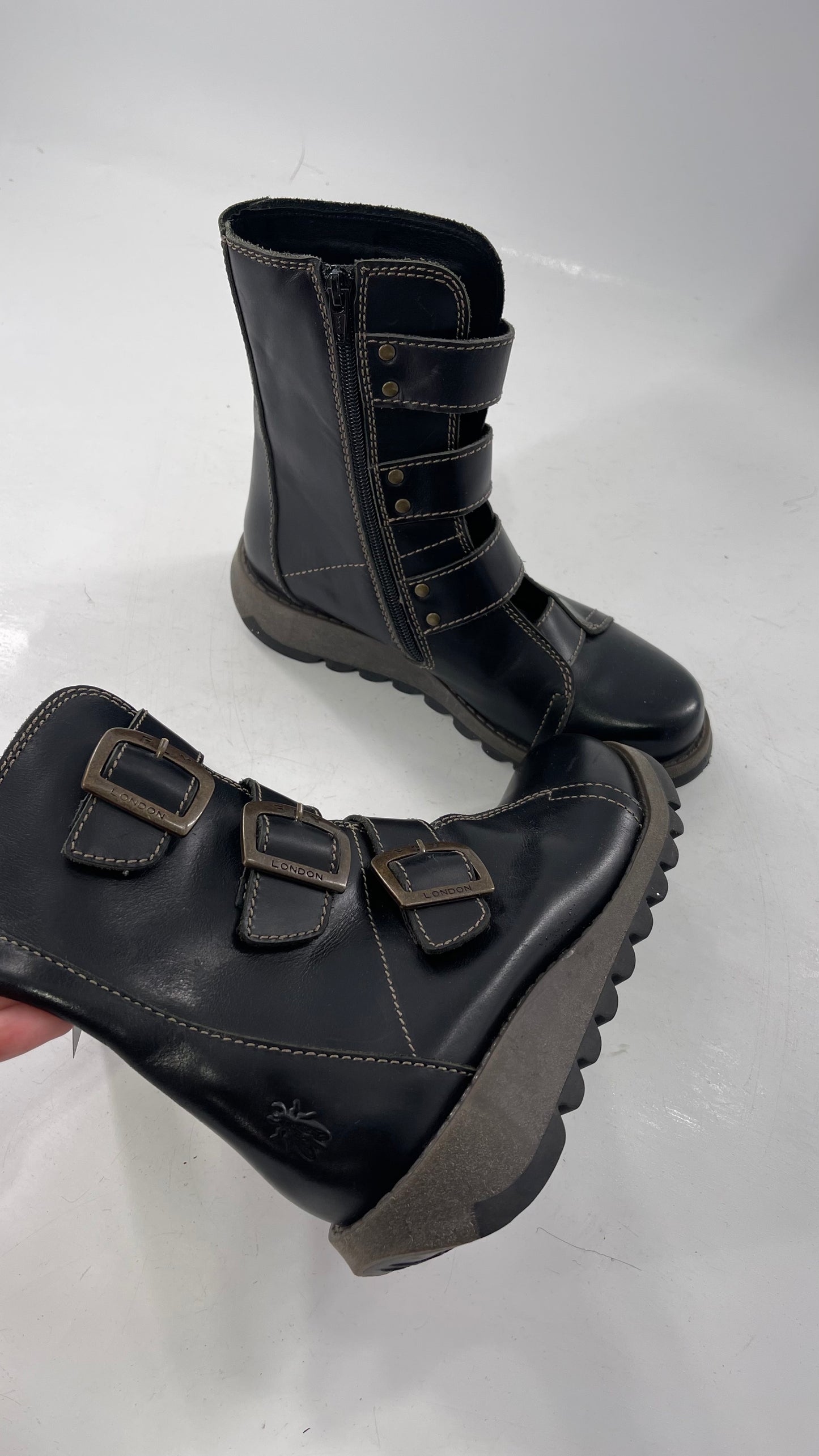 Fly London Black Zipper Side Biker Boot with Oversized Brass Buckles (38)