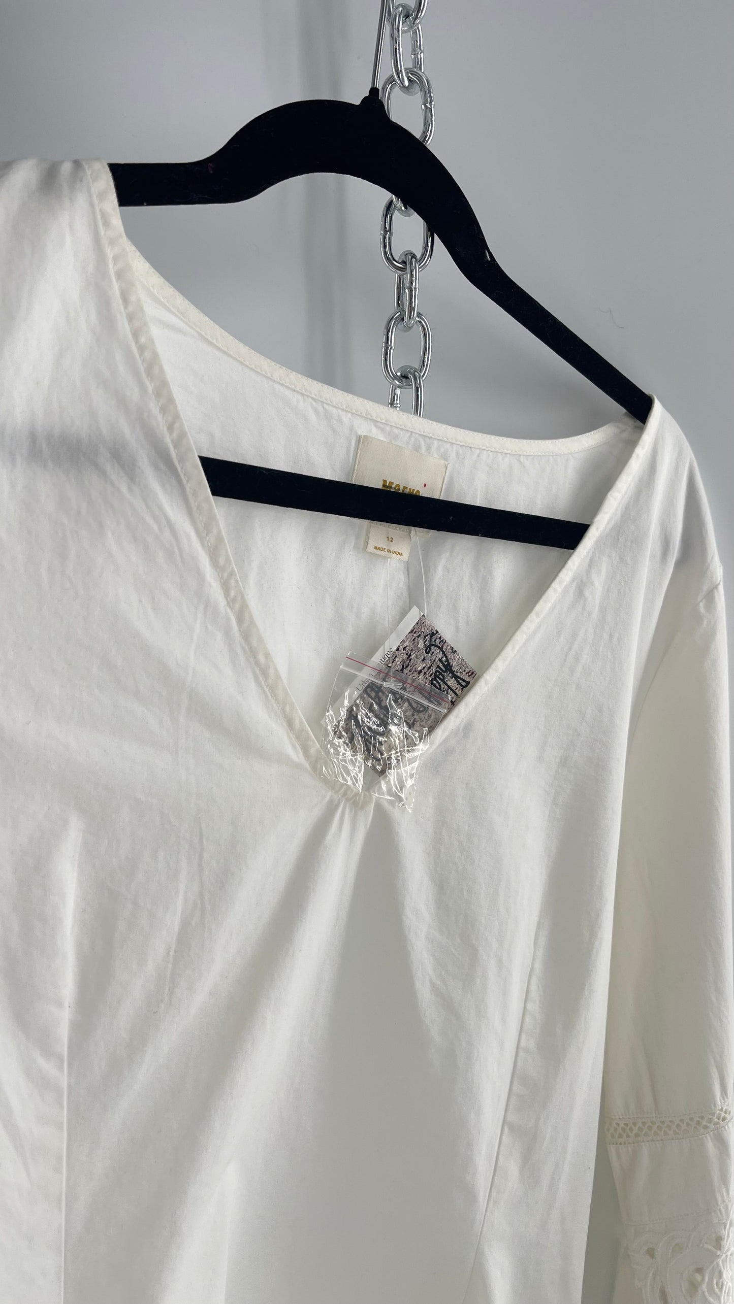 Maeve Anthropologie White 100% Cotton Blouse with Balloon Sleeves, Eyelet Lace, and Armpit Zipper (12)