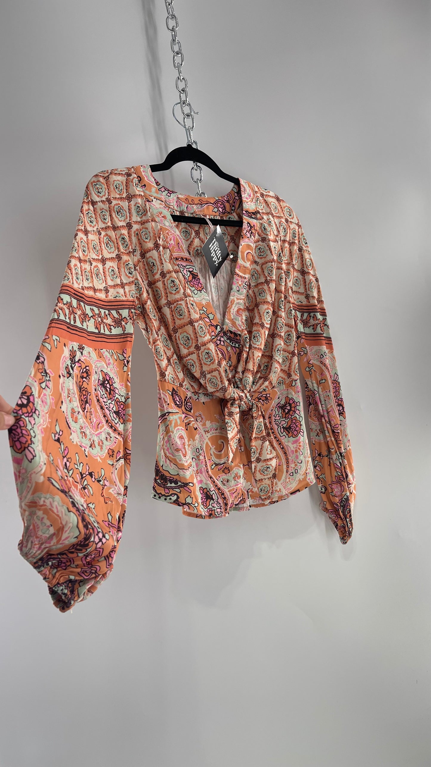 Free People Orange Pastels Paisley Blouse with Bust Tie and Balloon Sleeves (XS)