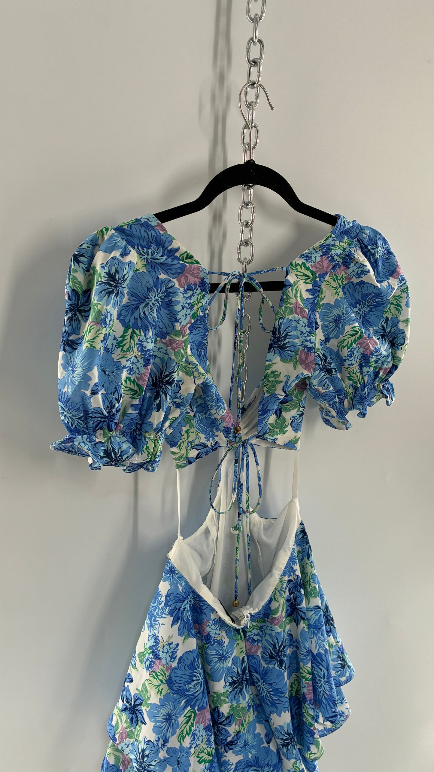 Hello Molly Blue Puff Sleeve Mini Dress with Completely Ruffled Sides and Tags Attached (XS)