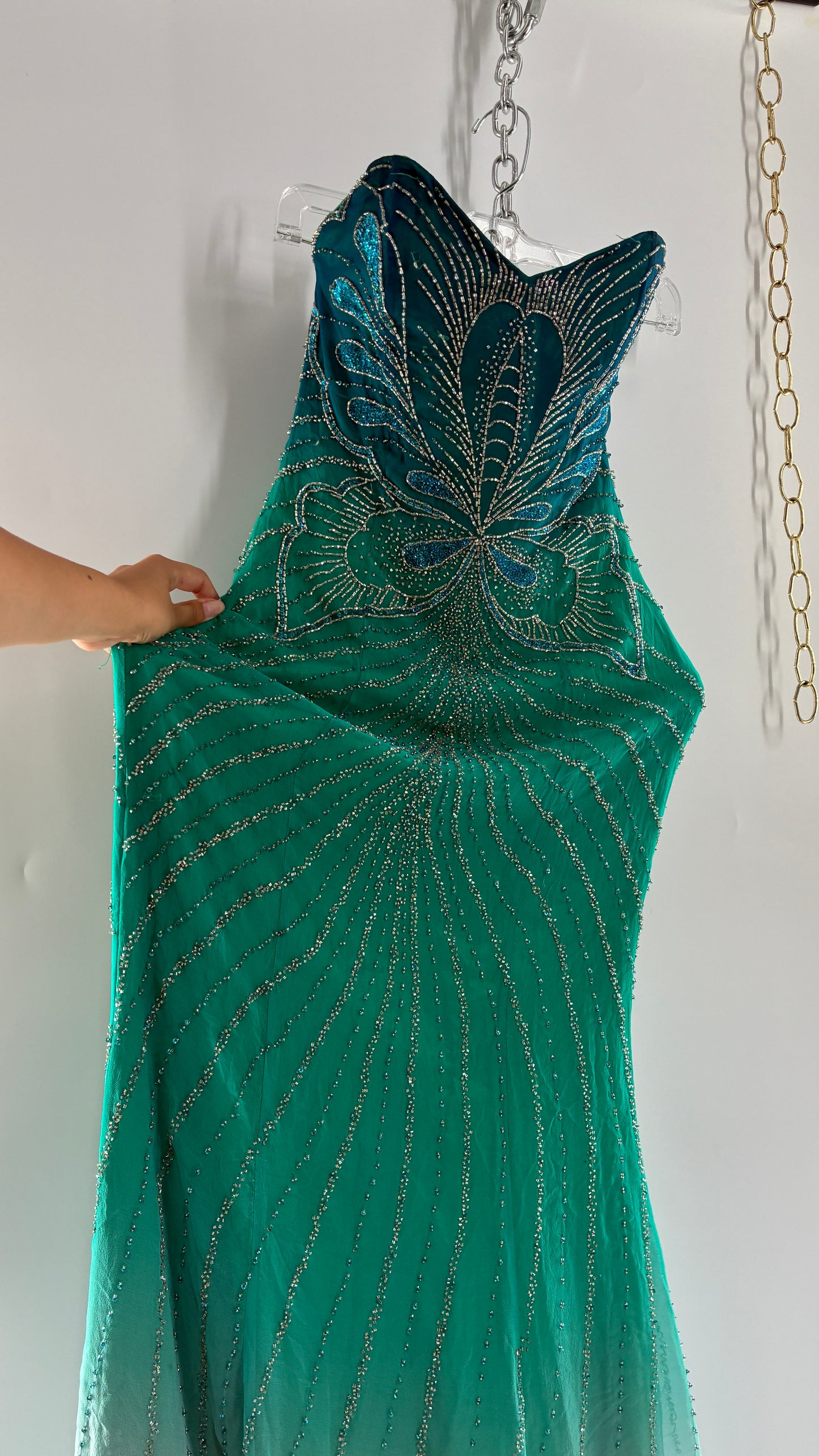Vintage 1990s STUDIO17 100% Fully Beaded Silk Aquamarine Butterfly Dress (8)