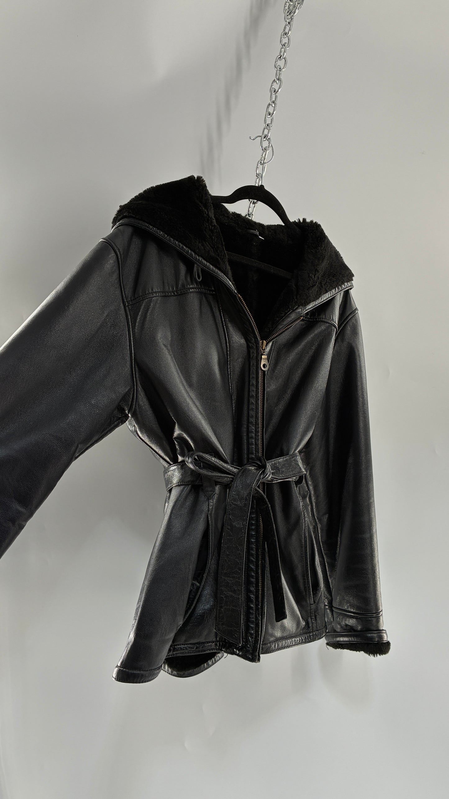 Vintage WILSON’S Fur Lined, Genuine Leather Waist Tie Jacket with Hood (Medium)