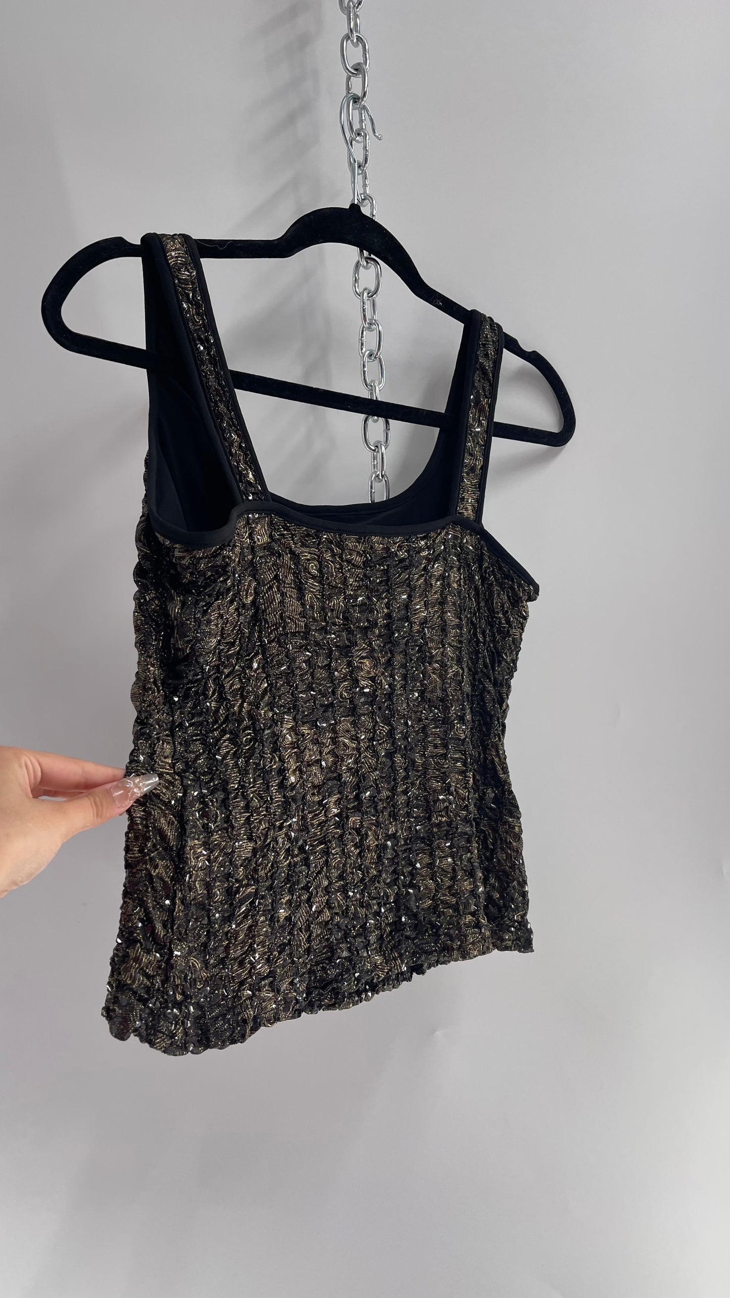 Vintage 1990s Cartise Textured Bronze Black Sequin Cropped Tank (Large)