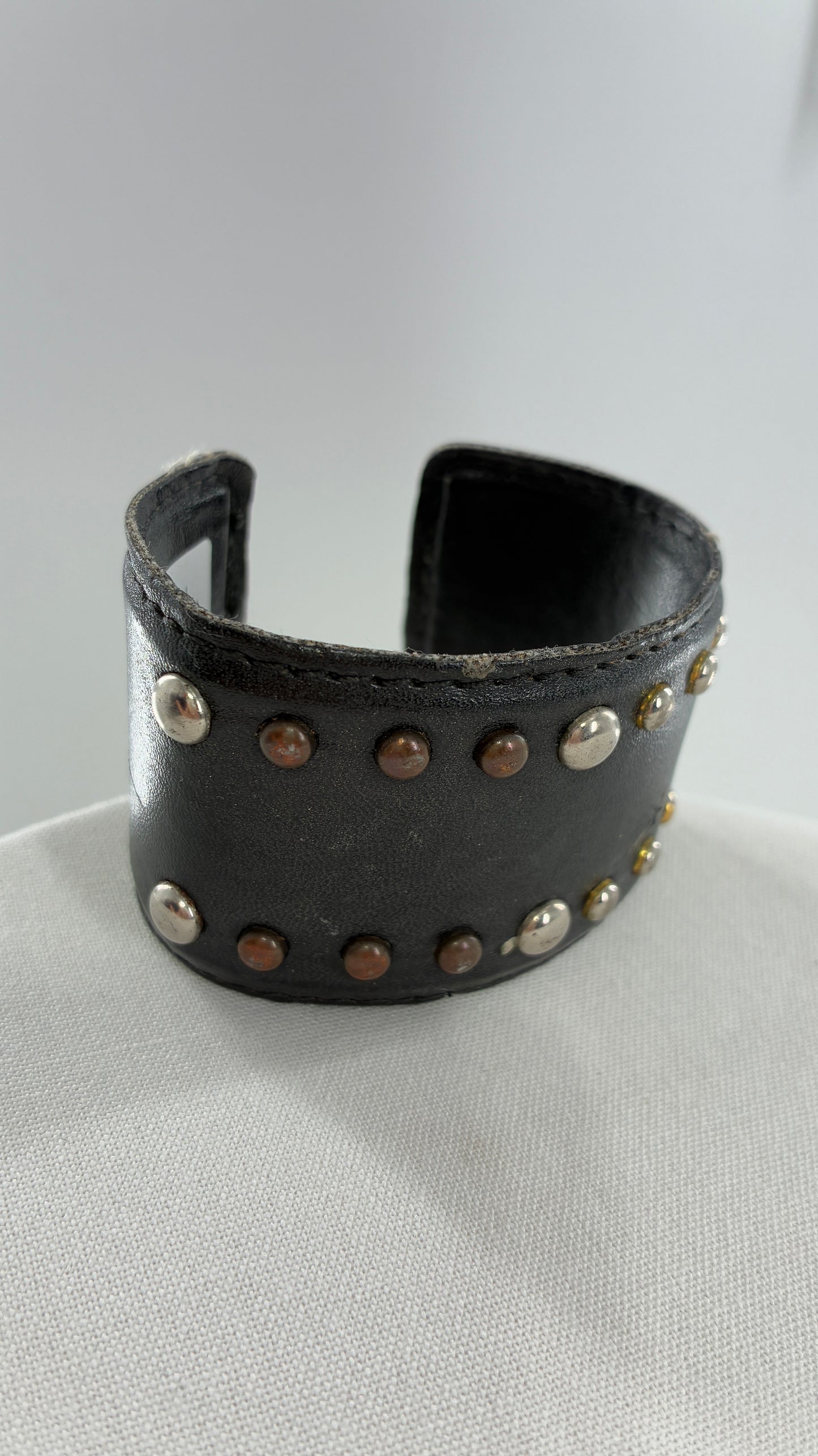 Vintage Leather Studded Mixed Metal Bangle