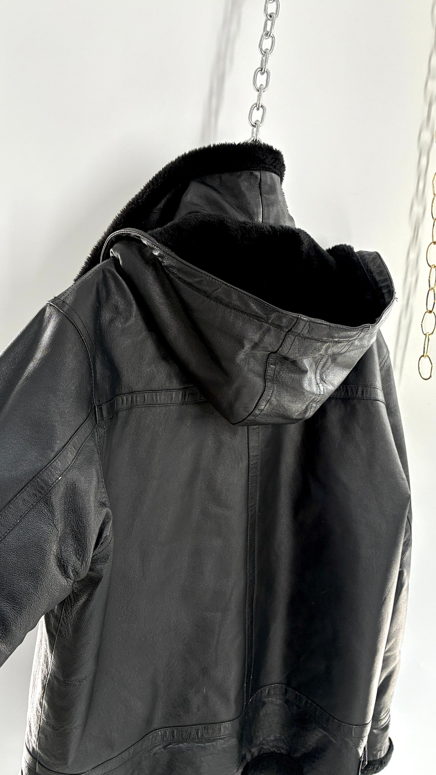 Vintage TANNERS AVENUE Black Genuine Leather Jacket with High Neck and Hood (Medium)