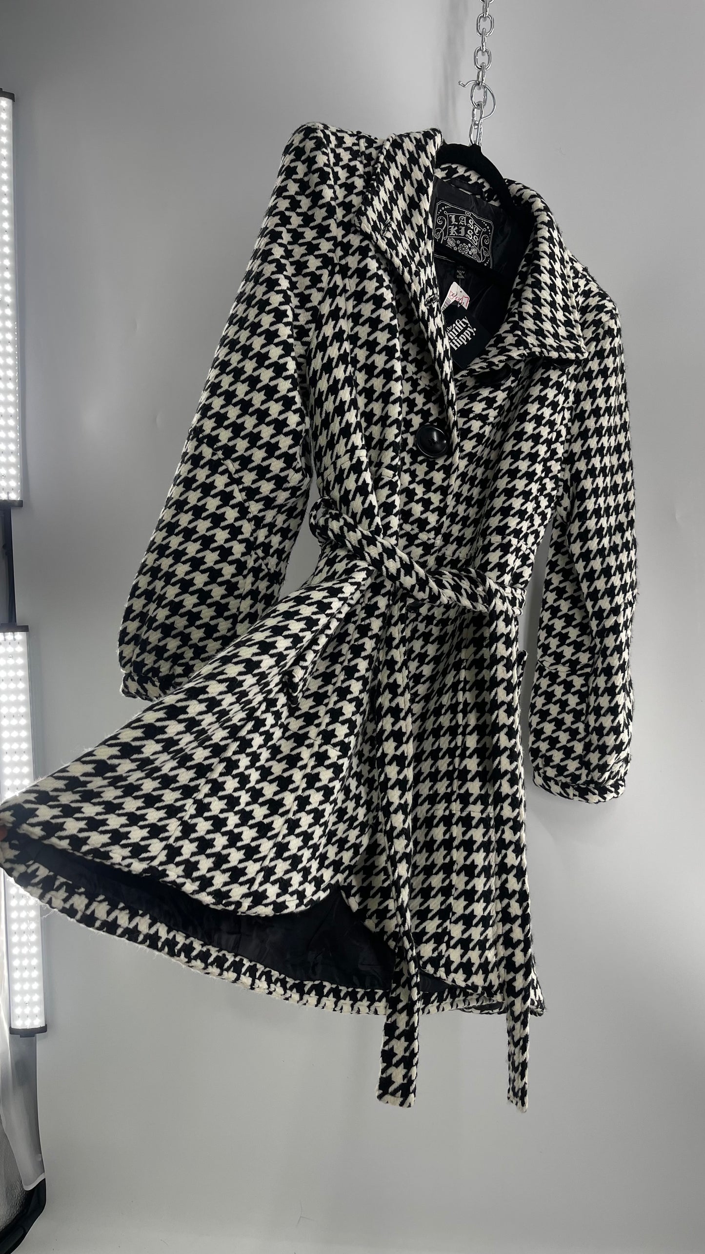 Deadstock Vintage Last Kiss Houndstooth Coat with Bubble Sleeve, Waist Tie, and Sweeping Hem (XXL)